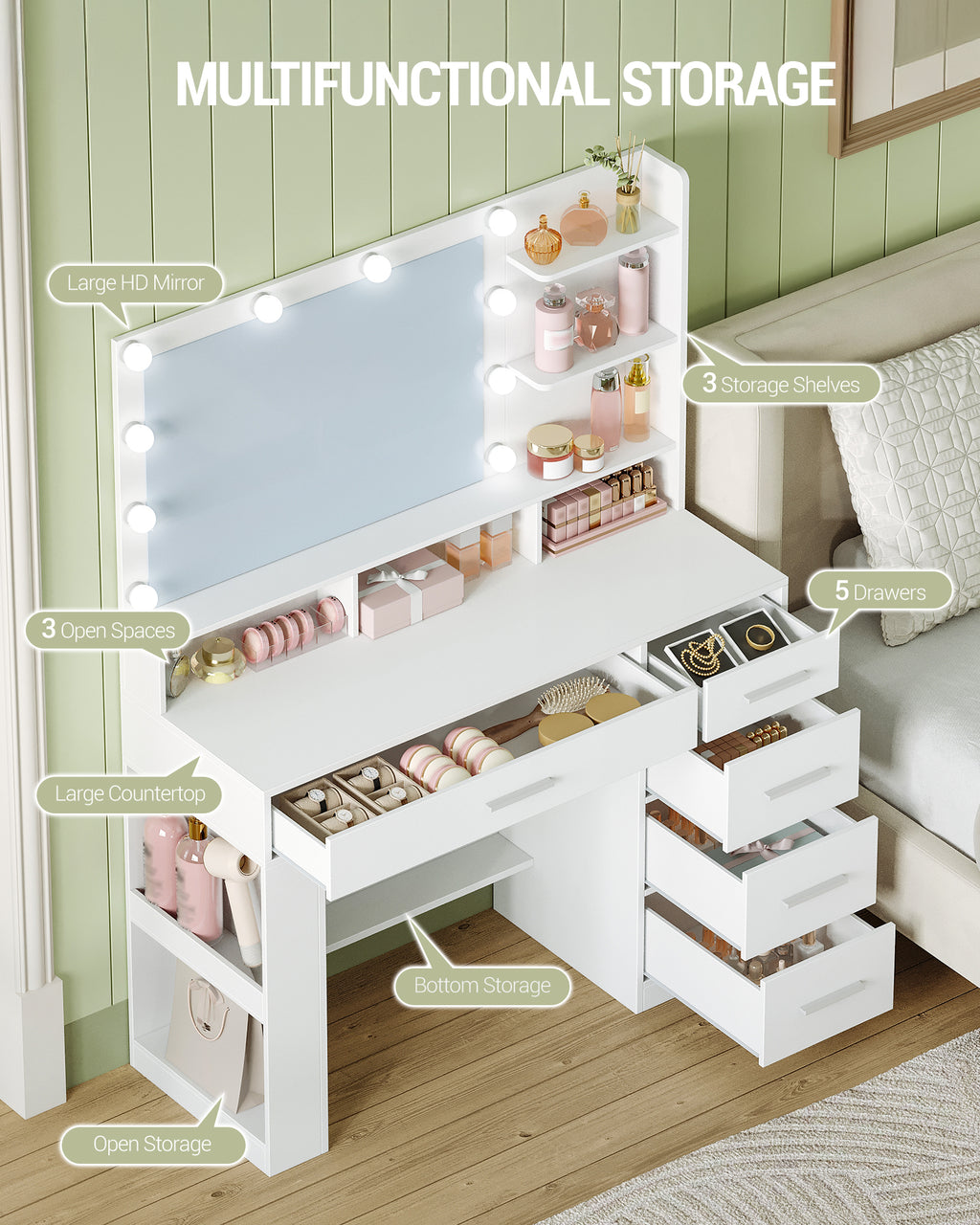 Hzuaneri 108cm Vanity Table with Large HD Mirror, Vanity Table with LED Lighting, Vanity Tables with 6 Open Compartments, 5 Drawers and Side Open Storage, White DT42603X