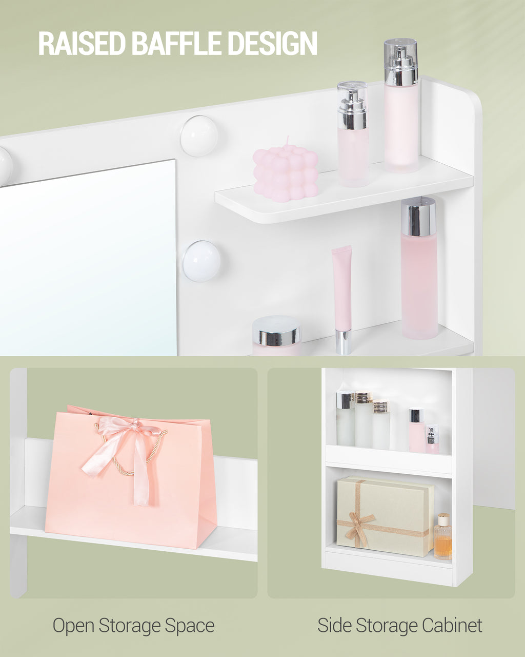 Hzuaneri 108cm Vanity Table with Large HD Mirror, Vanity Table with LED Lighting, Vanity Tables with 6 Open Compartments, 5 Drawers and Side Open Storage, White DT42603X