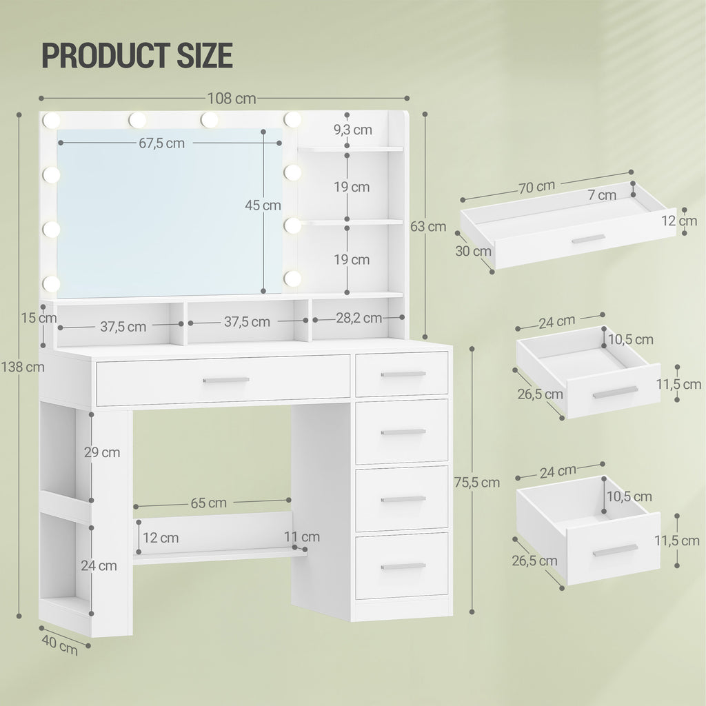 Hzuaneri 108cm Vanity Table with Large HD Mirror, Vanity Table with LED Lighting, Vanity Tables with 6 Open Compartments, 5 Drawers and Side Open Storage, White DT42603X