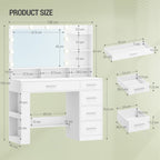 Hzuaneri 108cm Vanity Table with Large HD Mirror, Vanity Table with LED Lighting, Vanity Tables with 6 Open Compartments, 5 Drawers and Side Open Storage, White DT42603X
