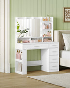 Hzuaneri 108cm Vanity Table with Large HD Mirror, Vanity Table with LED Lighting, Vanity Tables with 6 Open Compartments, 5 Drawers and Side Open Storage, White DT42603X