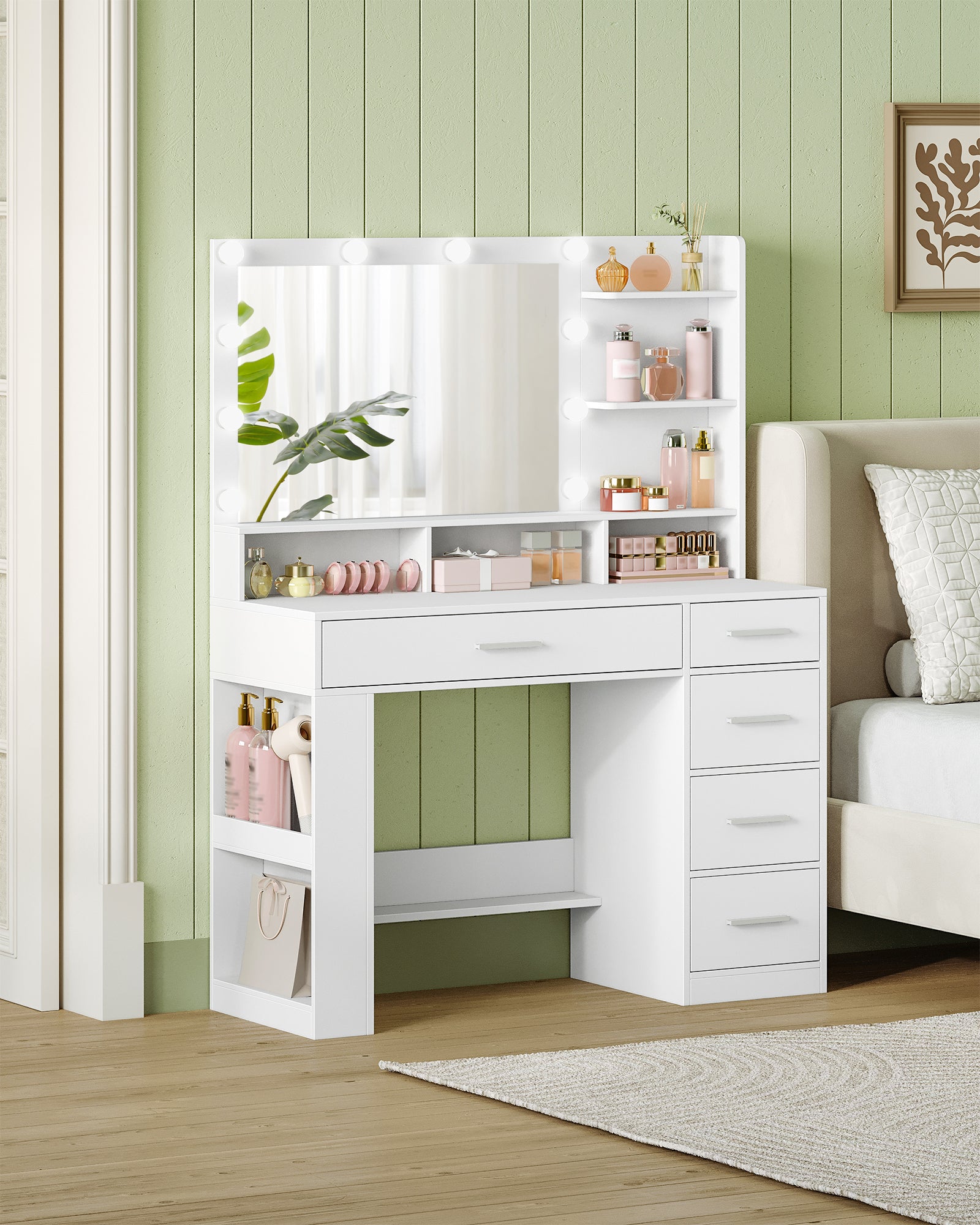 Hzuaneri 108cm Vanity Table with Large HD Mirror, Vanity Table with LED Lighting, Vanity Tables with 6 Open Compartments, 5 Drawers and Side Open Storage, White DT42603X