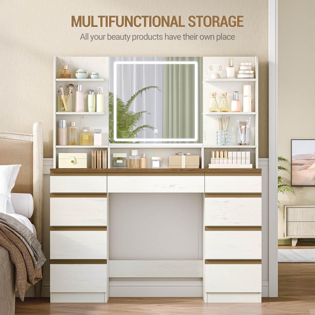Hzuaneri Large Vanity Table with LED Lighting, 3 Colors, Brightness Control, Vanity Table with Mirror, 9 Drawers, 9 Open Shelves, Modern Style, White-Brown DT41914X