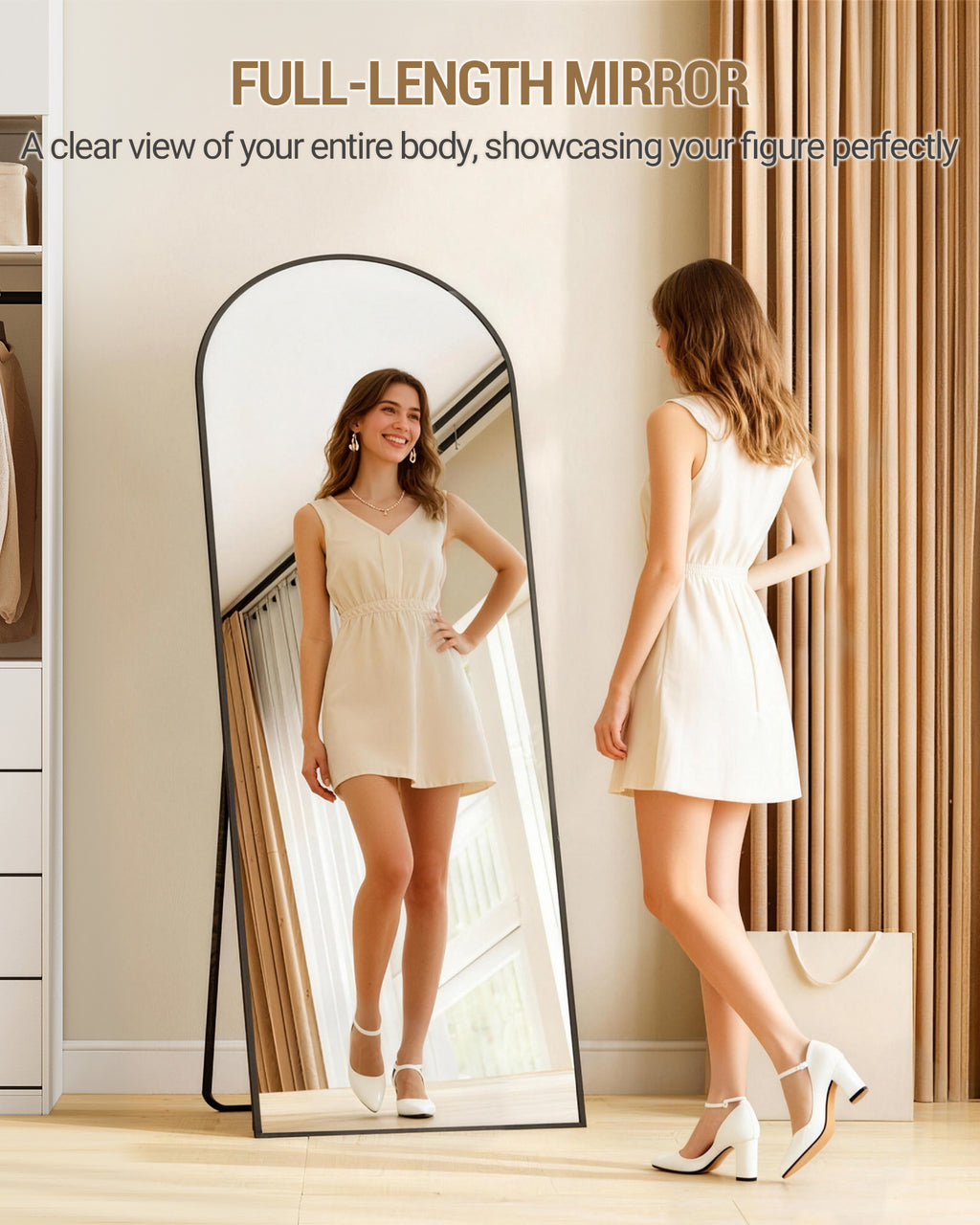 Hzuaneri Full-Length Mirror, 160 x 50 cm, Standing Mirror with Stand, Full-Length Wall-Mounted Mirror, Tempered Glass, Aluminum Alloy Frame, for Bedroom, Living Room, Black DM41999B