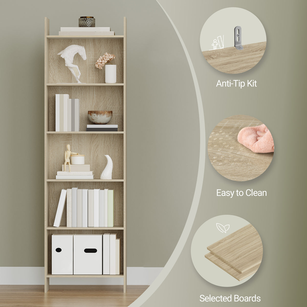 Hzuaneri Bookcase, Shelf, Standing Shelf, Office Shelf, with 6 Compartments, Open, for Living Room, Study, Office, Room Divider, 24 x 48 x 170 cm, Oak Beige BC01116X