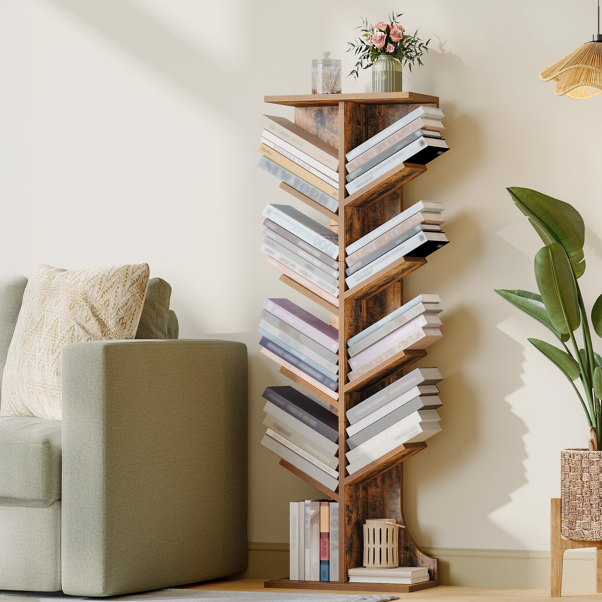 Hzuaneri Tree Bookshelf Bookcase, 11 Tier Floor Standing Book Shelf, Narrow Bookcase, Display Shelf for Living Room, Home, Office, Bedroom, Rustic Brown, BC01601X
