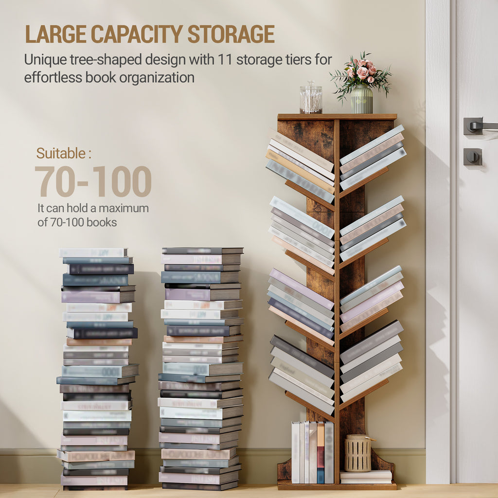 Hzuaneri Tree Bookshelf Bookcase, 11 Tier Floor Standing Book Shelf, Narrow Bookcase, Display Shelf for Living Room, Home, Office, Bedroom, Rustic Brown, BC01601X