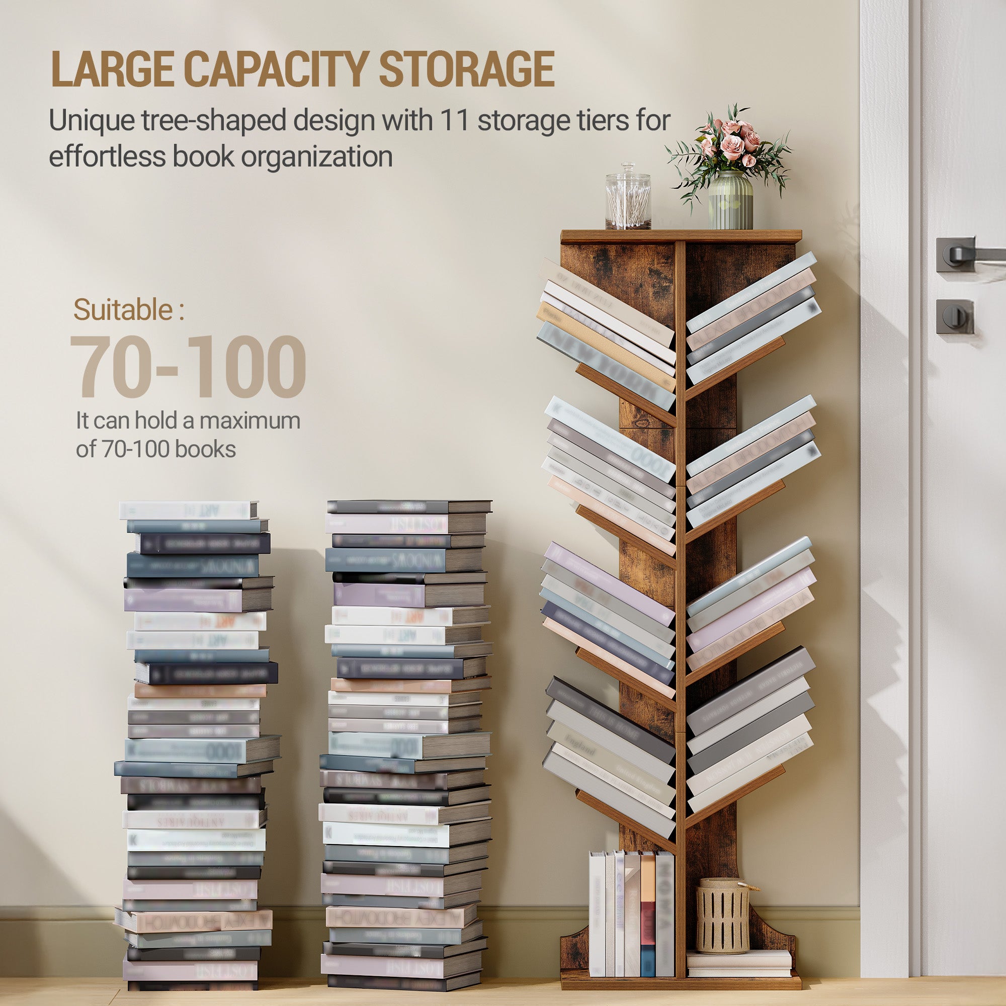 Hzuaneri Tree Bookshelf Bookcase, 11 Tier Floor Standing Book Shelf, Narrow Bookcase, Display Shelf for Living Room, Home, Office, Bedroom, Rustic Brown, BC01601X