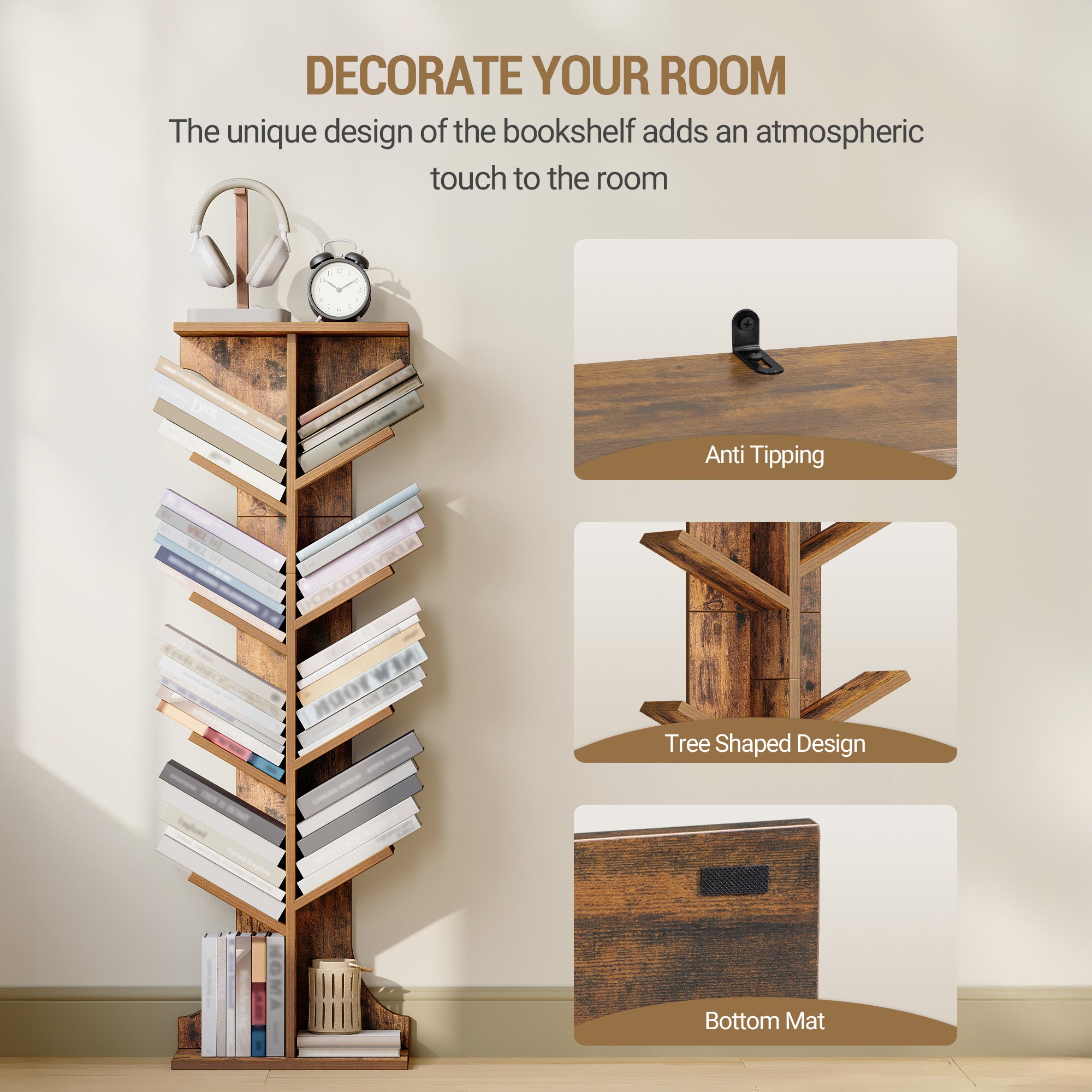 Hzuaneri Tree Bookshelf Bookcase, 11 Tier Floor Standing Book Shelf, Narrow Bookcase, Display Shelf for Living Room, Home, Office, Bedroom, Rustic Brown, BC01601X