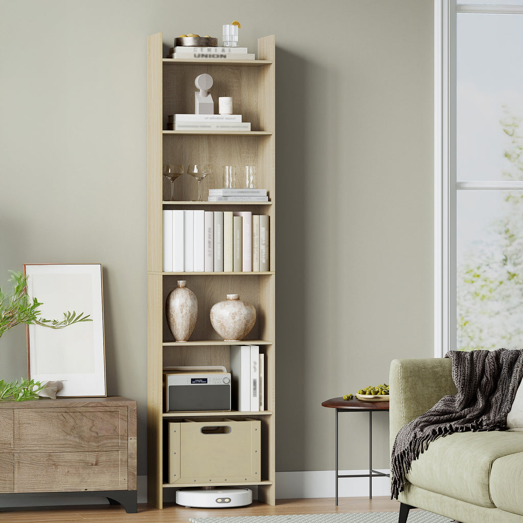 Hzuaneri Bookcase, Shelf, Standing Shelf, Office Shelf, with 7 Compartments, Open, for Living Room, Study, Office, as Room Divider, 24 x 48 x 197.4 cm, Oak Beige BC01716X