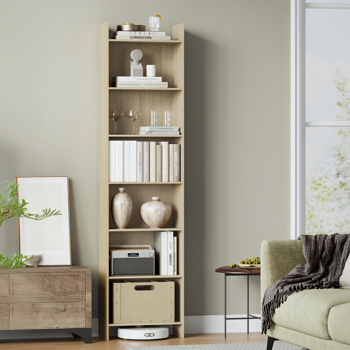 Hzuaneri Bookcase, Shelf, Standing Shelf, Office Shelf, with 7 Compartments, Open, for Living Room, Study, Office, as Room Divider, 24 x 48 x 197.4 cm, Oak Beige BC01716X
