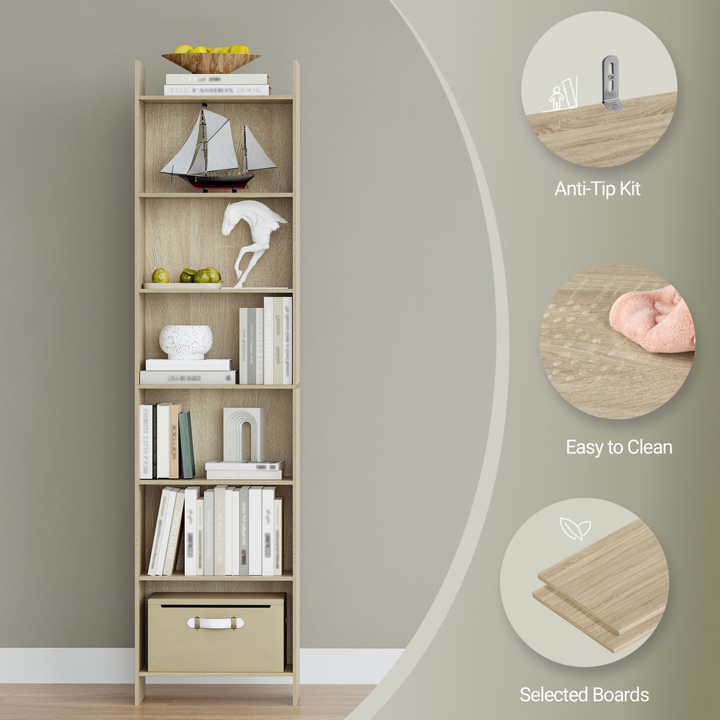 Hzuaneri Bookcase, Shelf, Standing Shelf, Office Shelf, with 7 Compartments, Open, for Living Room, Study, Office, as Room Divider, 24 x 48 x 197.4 cm, Oak Beige BC01716X