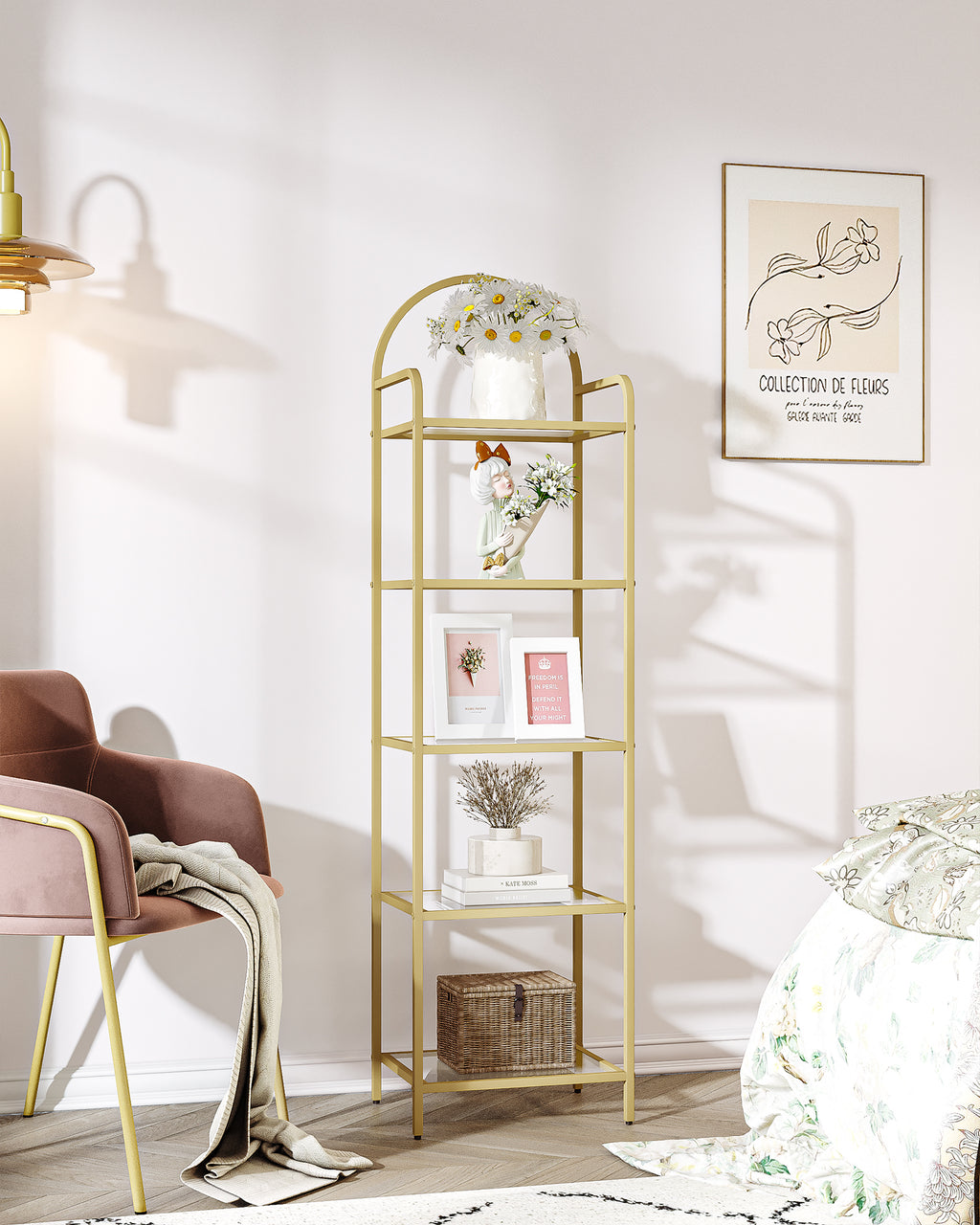 Hzuaneri 5 Tier Bookcase Bookshelf, Tempered Glass Bookshelves, Slim Shelving Unit for Bedroom, Bathroom, Home Office, Steel Frame, Gold BC05001G