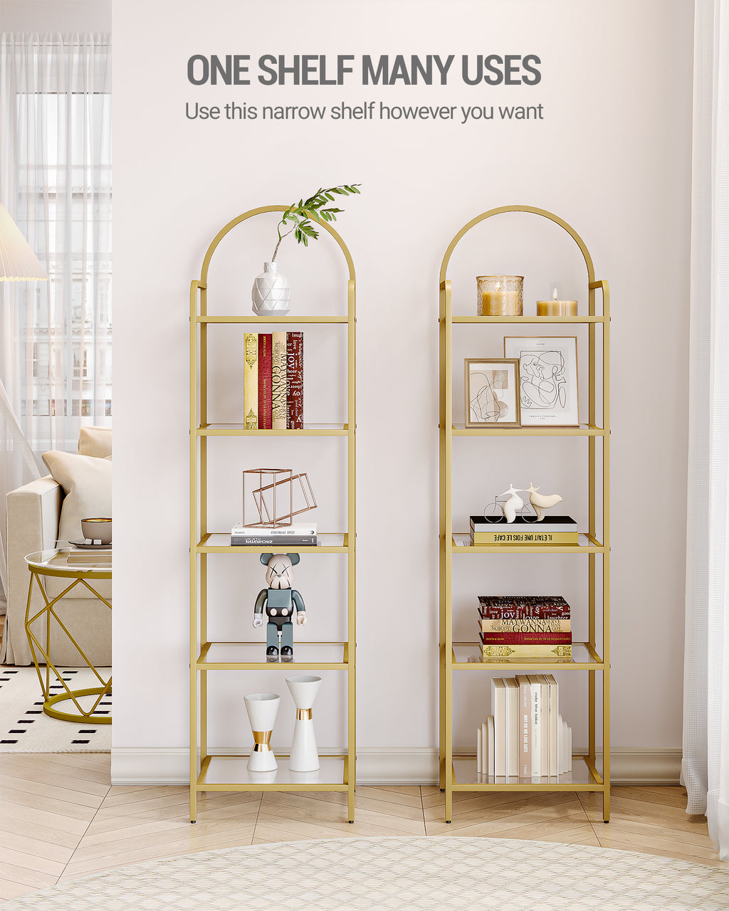 Hzuaneri 5 Tier Bookcase Bookshelf, Tempered Glass Bookshelves, Slim Shelving Unit for Bedroom, Bathroom, Home Office, Steel Frame, Gold BC05001G
