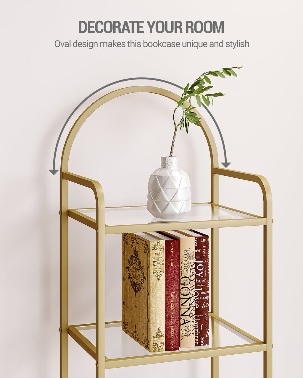 Hzuaneri 5 Tier Bookcase Bookshelf, Tempered Glass Bookshelves, Slim Shelving Unit for Bedroom, Bathroom, Home Office, Steel Frame, Gold BC05001G