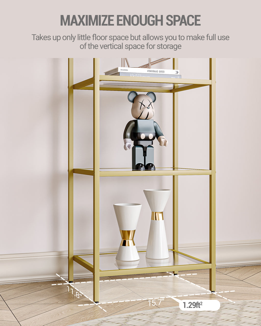 Hzuaneri 5 Tier Bookcase Bookshelf, Tempered Glass Bookshelves, Slim Shelving Unit for Bedroom, Bathroom, Home Office, Steel Frame, Gold BC05001G