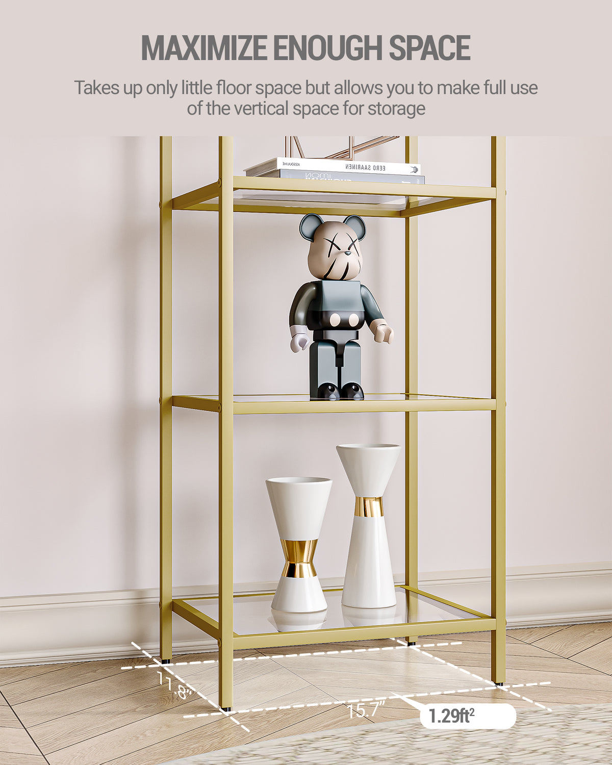 Hzuaneri 5 Tier Bookcase Bookshelf, Tempered Glass Bookshelves, Slim Shelving Unit for Bedroom, Bathroom, Home Office, Steel Frame, Gold BC05001G