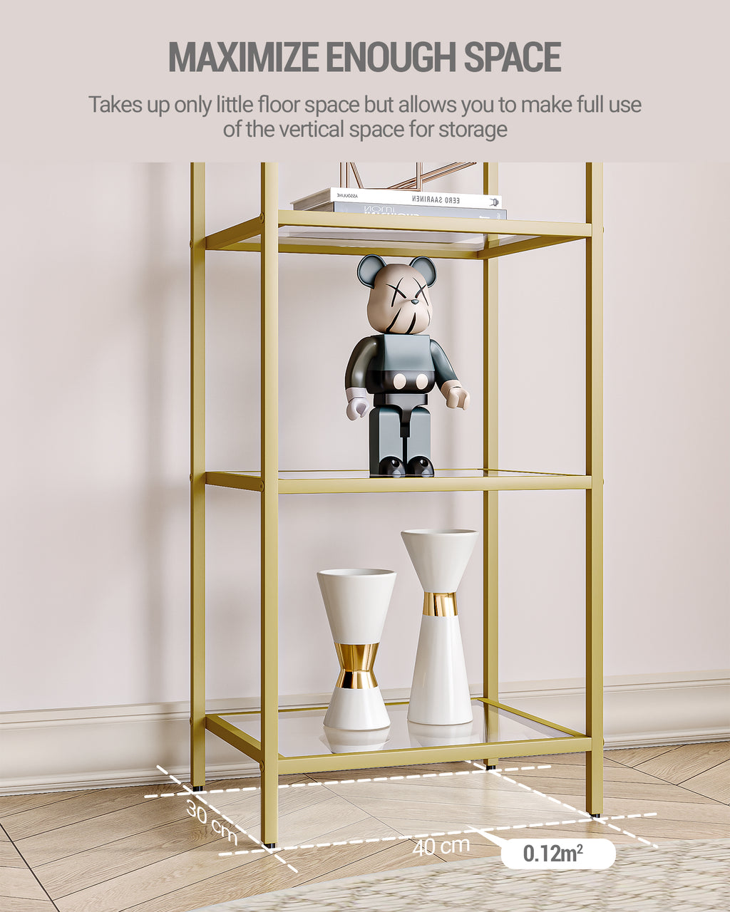 Hzuaneri 5 Tier Bookcase Bookshelf, Tempered Glass Bookshelves, Slim Shelving Unit for Bedroom, Bathroom, Home Office, Steel Frame, Gold BC05001G