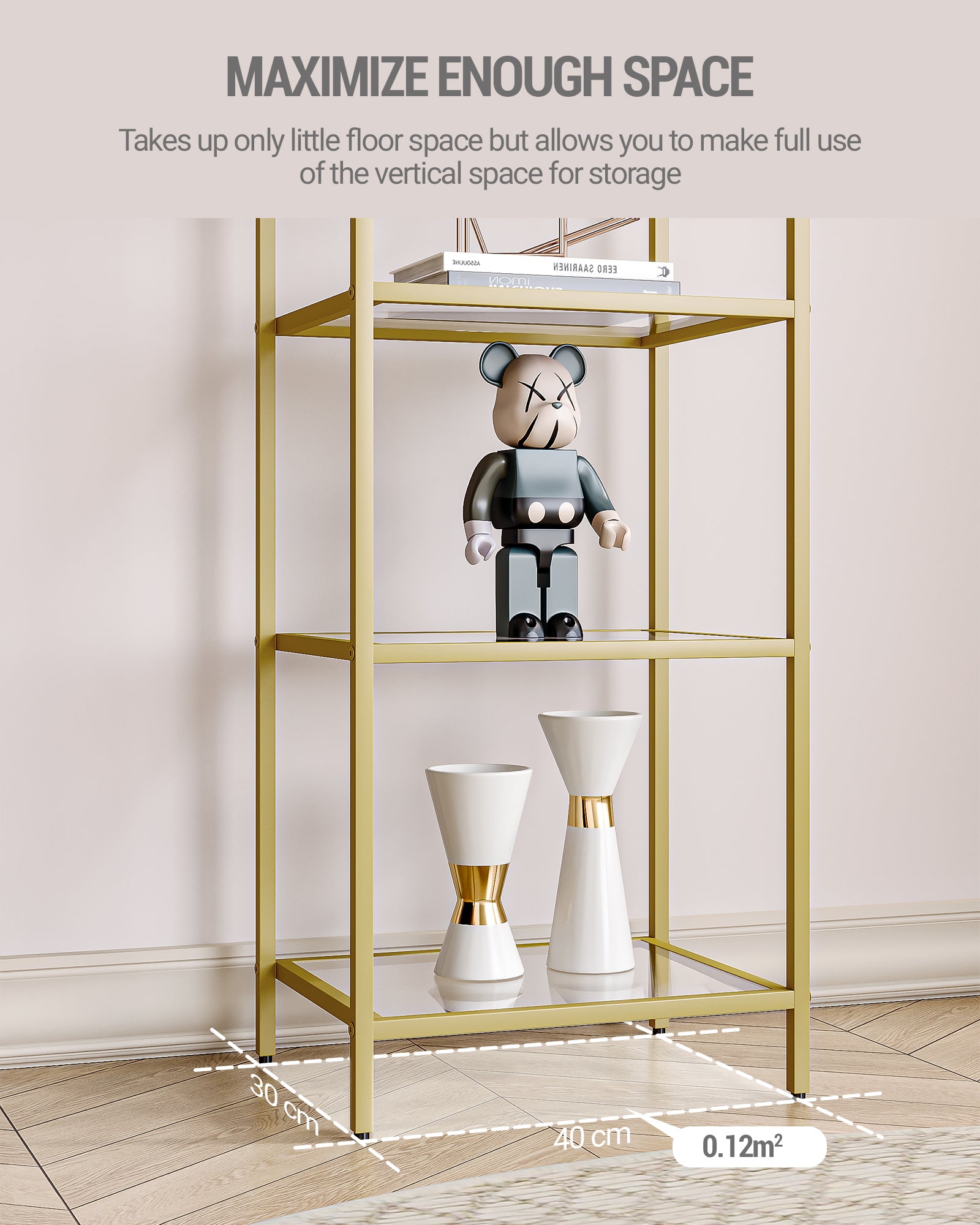 Hzuaneri 5 Tier Bookcase Bookshelf, Tempered Glass Bookshelves, Slim Shelving Unit for Bedroom, Bathroom, Home Office, Steel Frame, Gold BC05001G