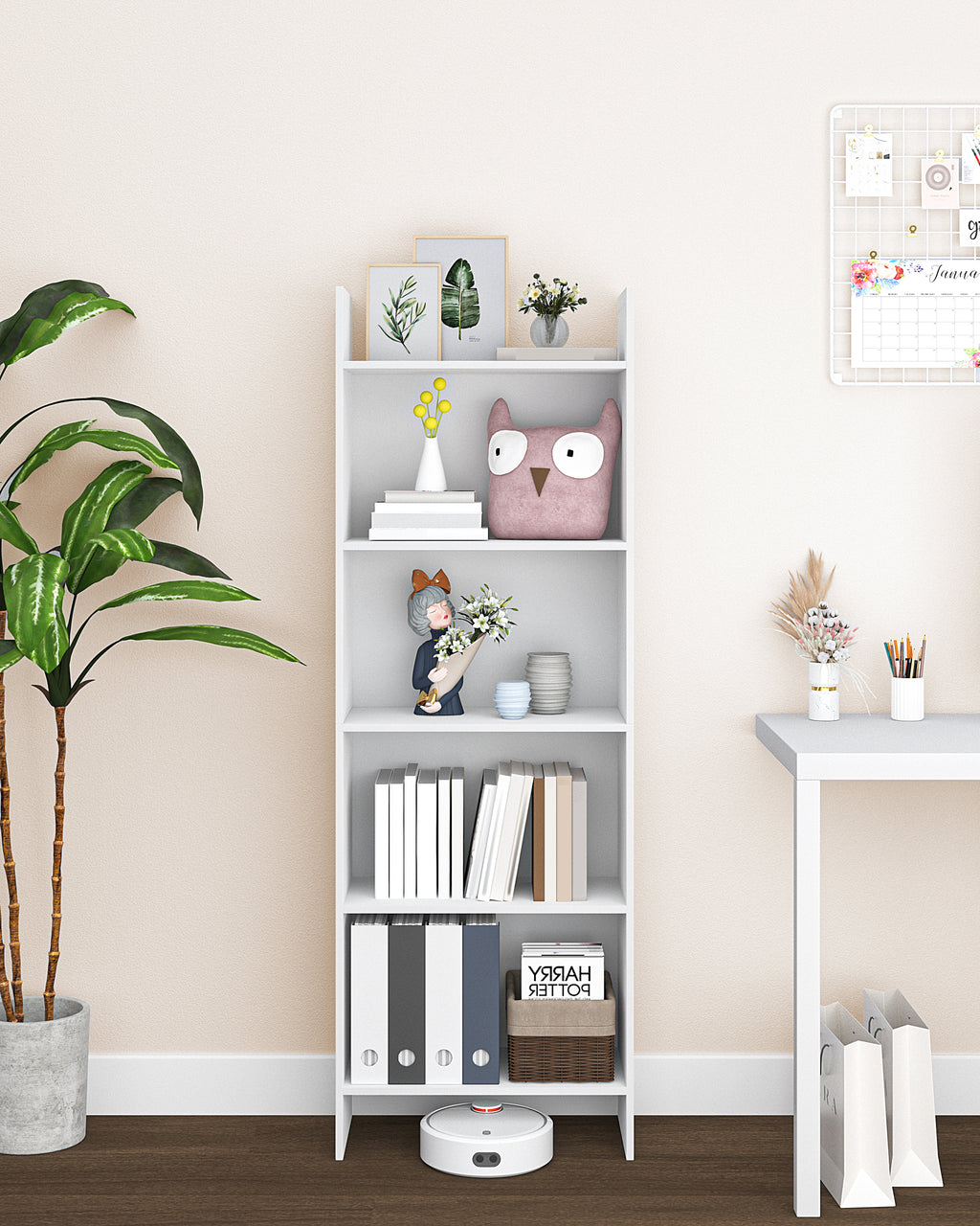 Hzuaneri Bookcase, 5 tier Bookshelf, White Bookcases Free Standing with Shelf Unit, Home Decor Furniture for Living Room, Home Office, Bedroom, Study, 24 x 50 x 140 cm, White, BC06503X