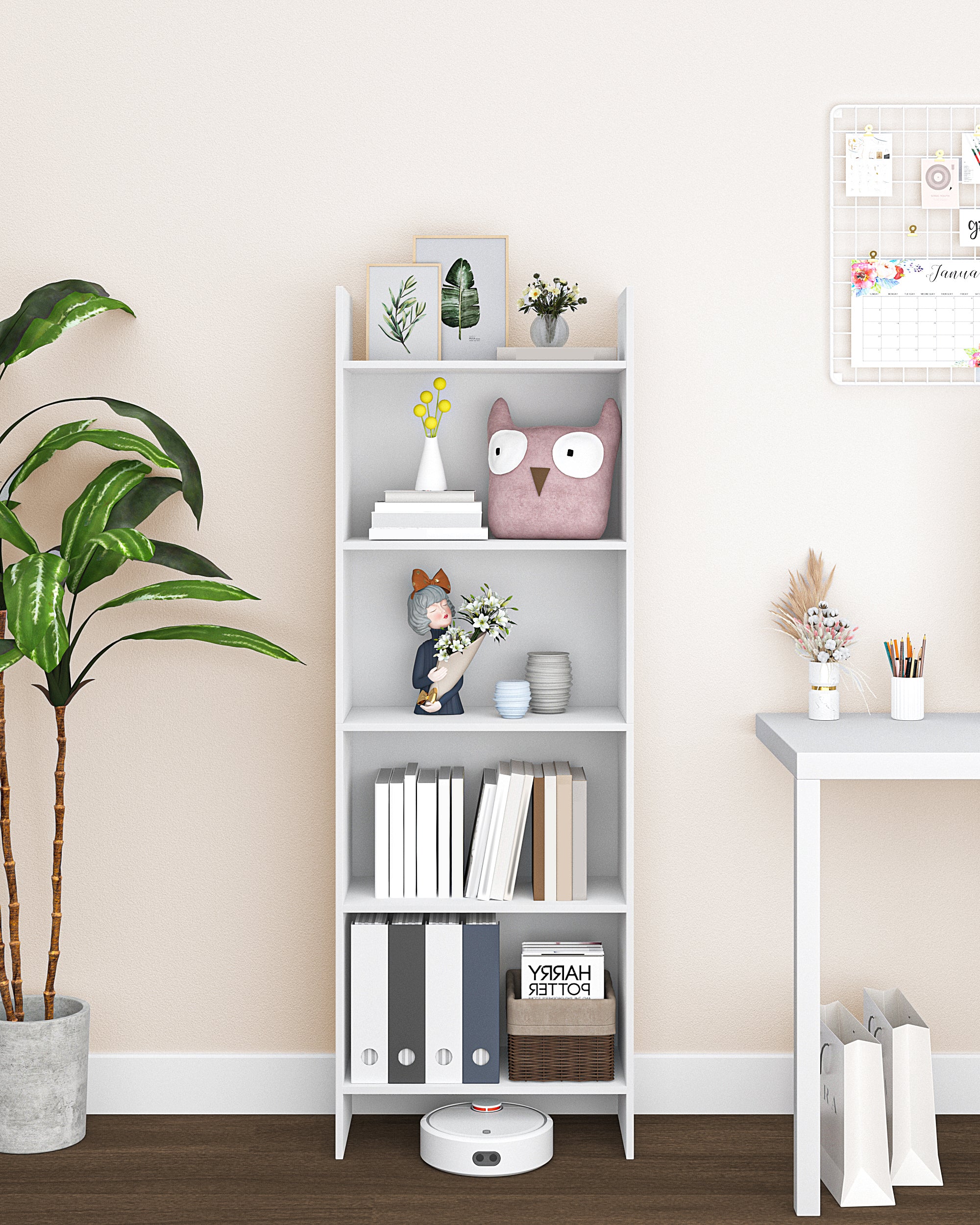Hzuaneri Bookcase, 5 tier Bookshelf, White Bookcases Free Standing with Shelf Unit, Home Decor Furniture for Living Room, Home Office, Bedroom, Study, 24 x 50 x 140 cm, White, BC06503X