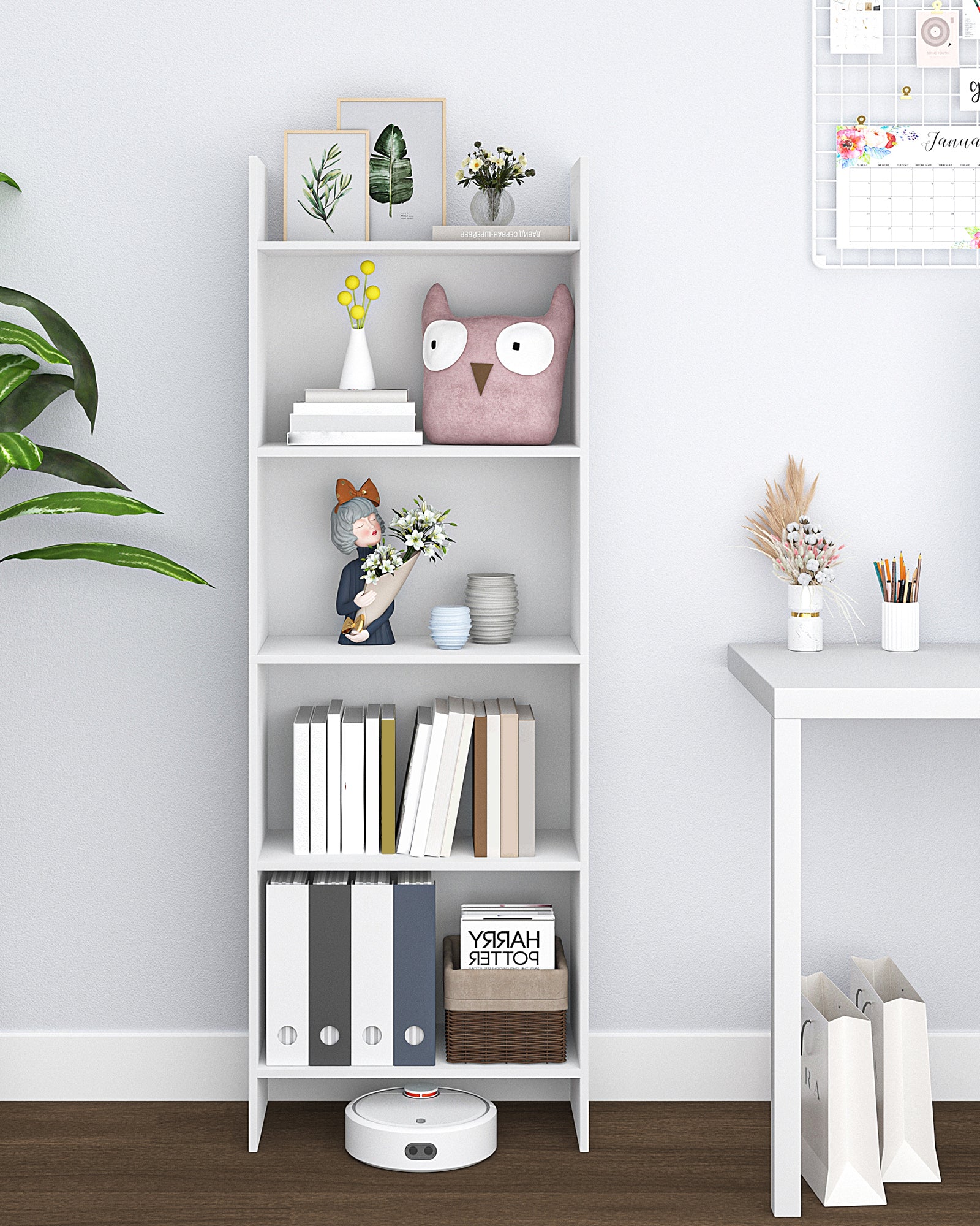 Hzuaneri Bookcase, 5 tier Bookshelf, White Bookcases Free Standing with Shelf Unit, Home Decor Furniture for Living Room, Home Office, Bedroom, Study, 24 x 50 x 140 cm, White, BC06503X