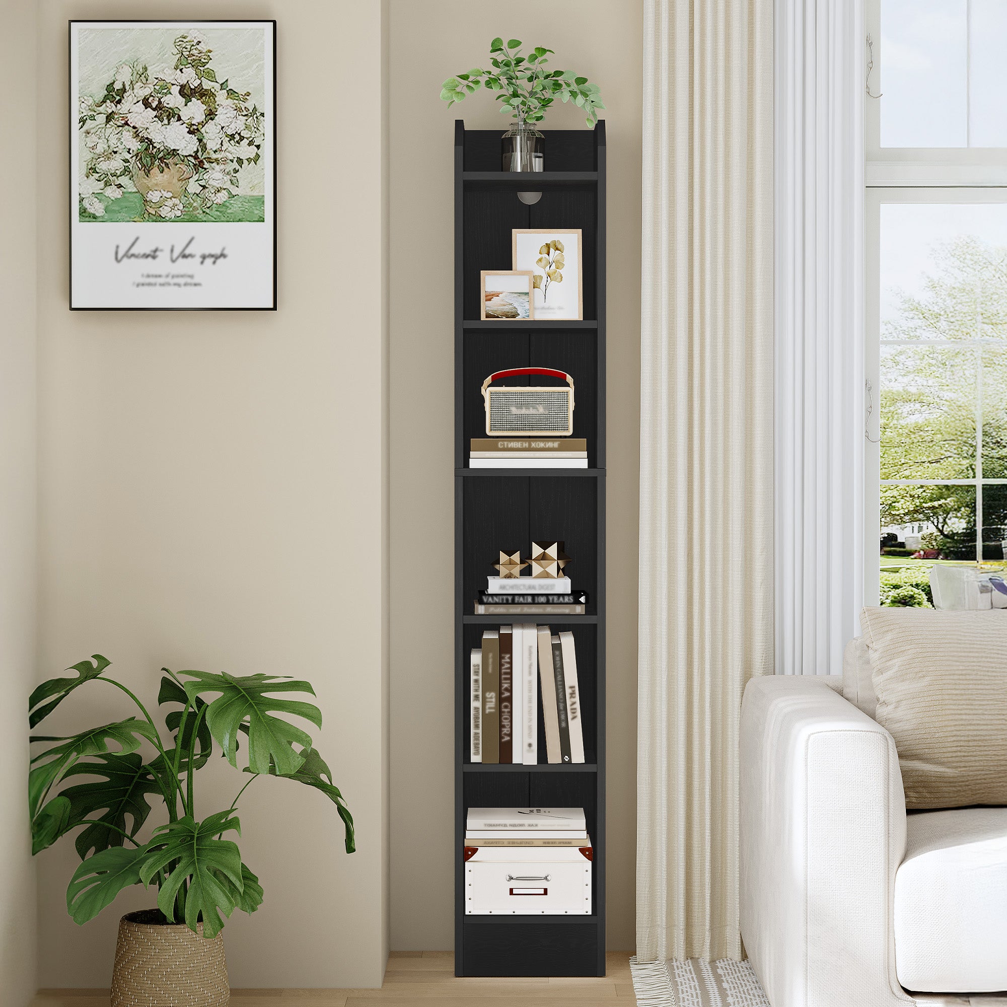 Hzuaneri Bookcase, 6-Tier Narrow Tall Bookshelf, Wooden Bookshelf with Adjustable Shelf, Open Storage Shelf for Bedroom, Living Room, Home Office, 24 x 30 x 169.5 cm, Black, BC06904X