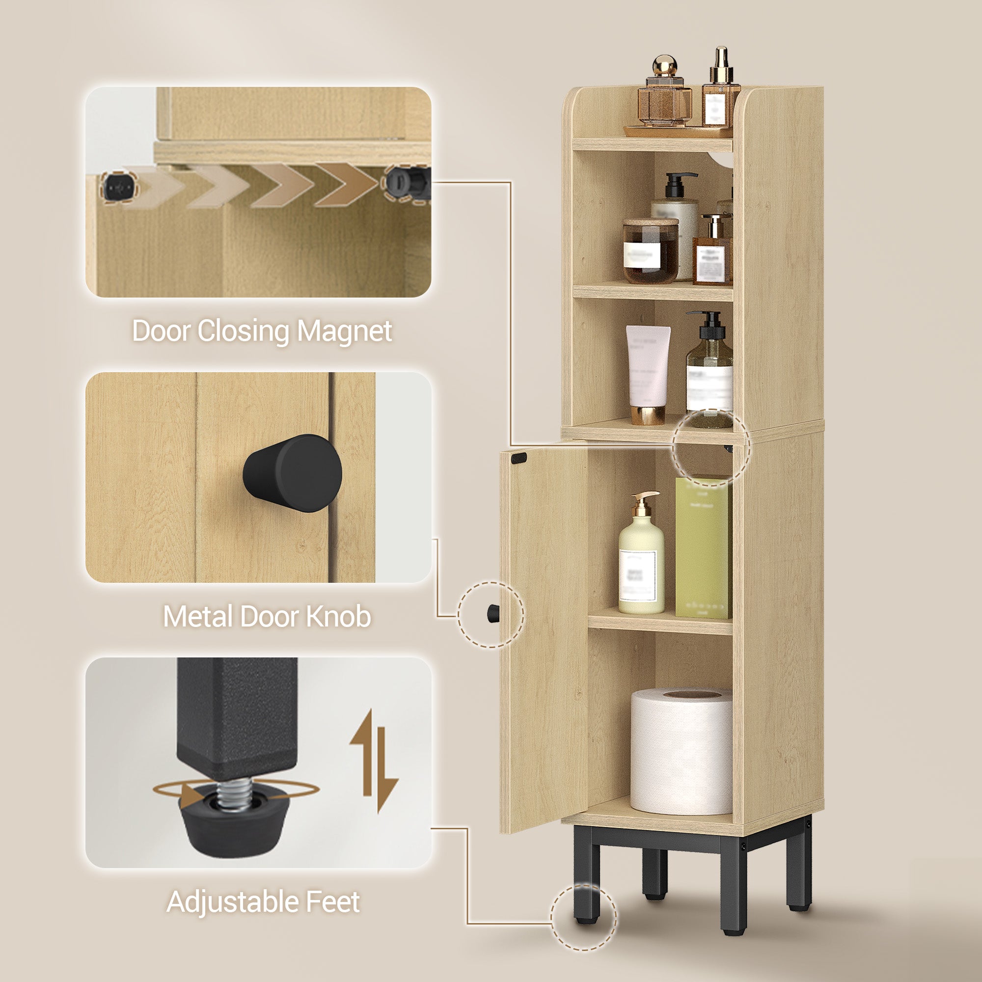 Hzuaneri Bathroom Cabinet, Bathroom Furniture, Narrow Cabinet, Adjustable Shelves, Space Saving, Easy Assembly, 20 x 20 x 83 cm, Light Oak BC08202Y