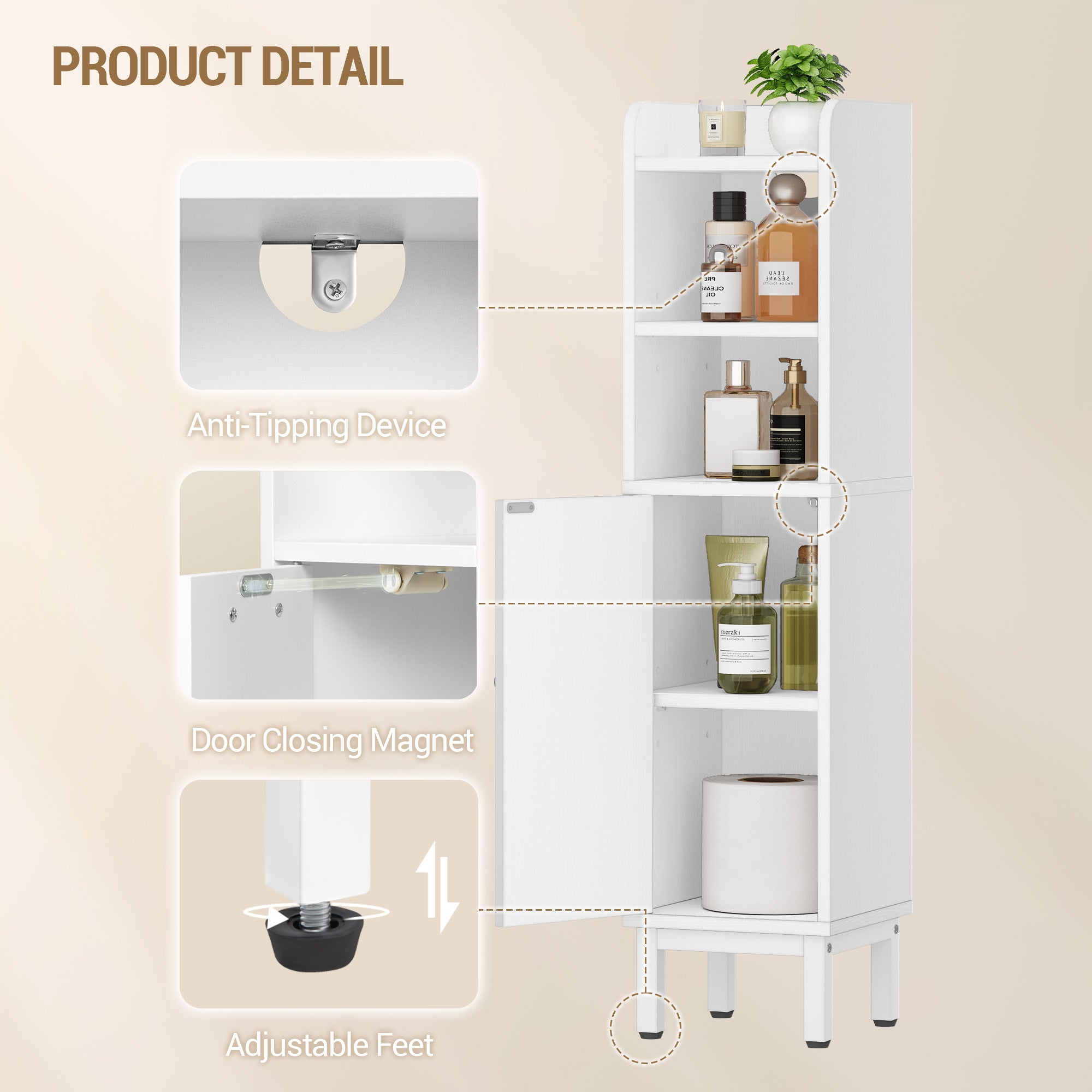 Hzuaneri Bathroom Cabinet, Bathroom Furniture, Narrow Cabinet, Adjustable Shelves, Space Saving, Easy Assembly, 20 x 20 x 83 cm, White BC08213W