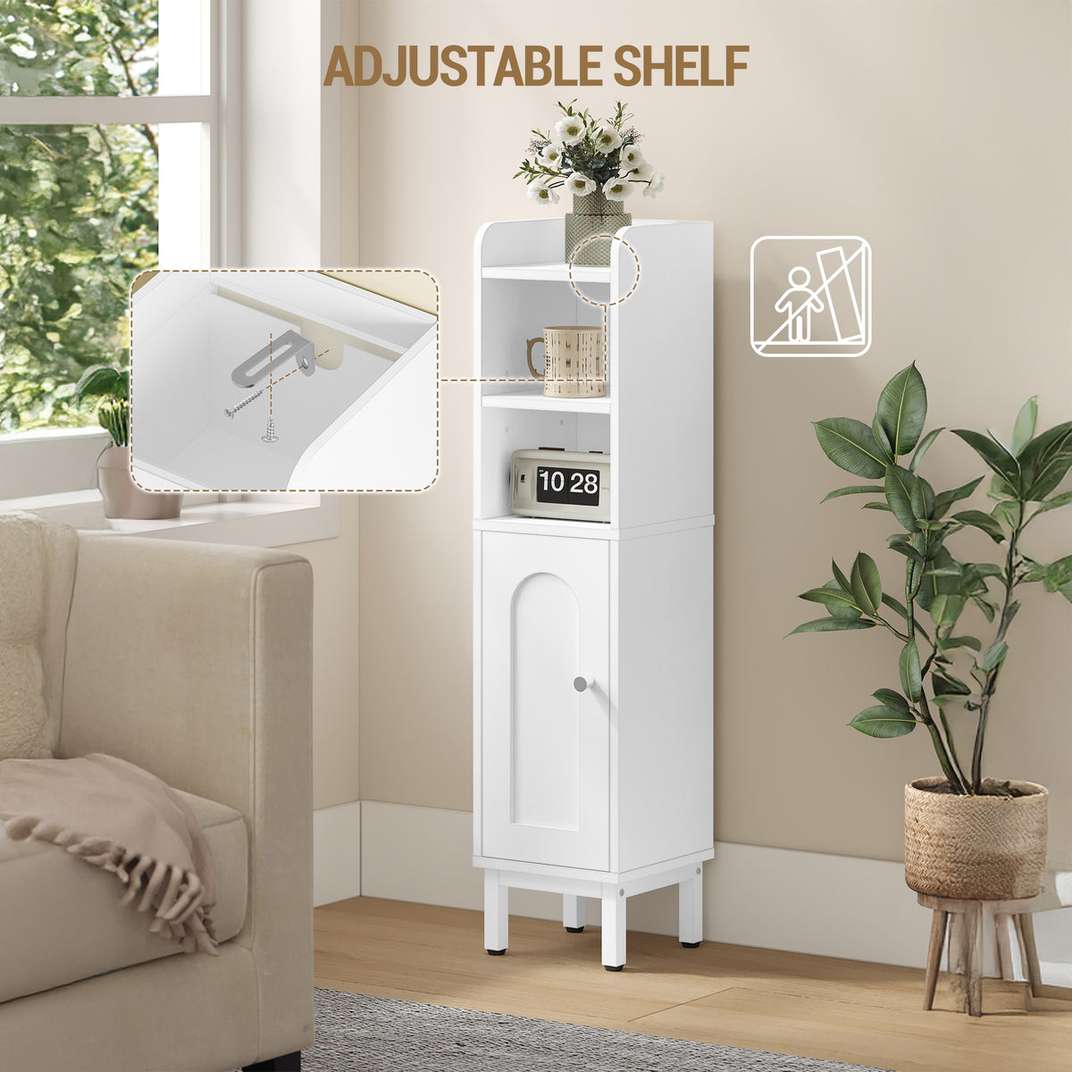 Hzuaneri Bathroom Cabinet, Bathroom Furniture, Narrow Cabinet, Adjustable Shelves, Space Saving, Easy Assembly, 20 x 20 x 83 cm, White BC08213W