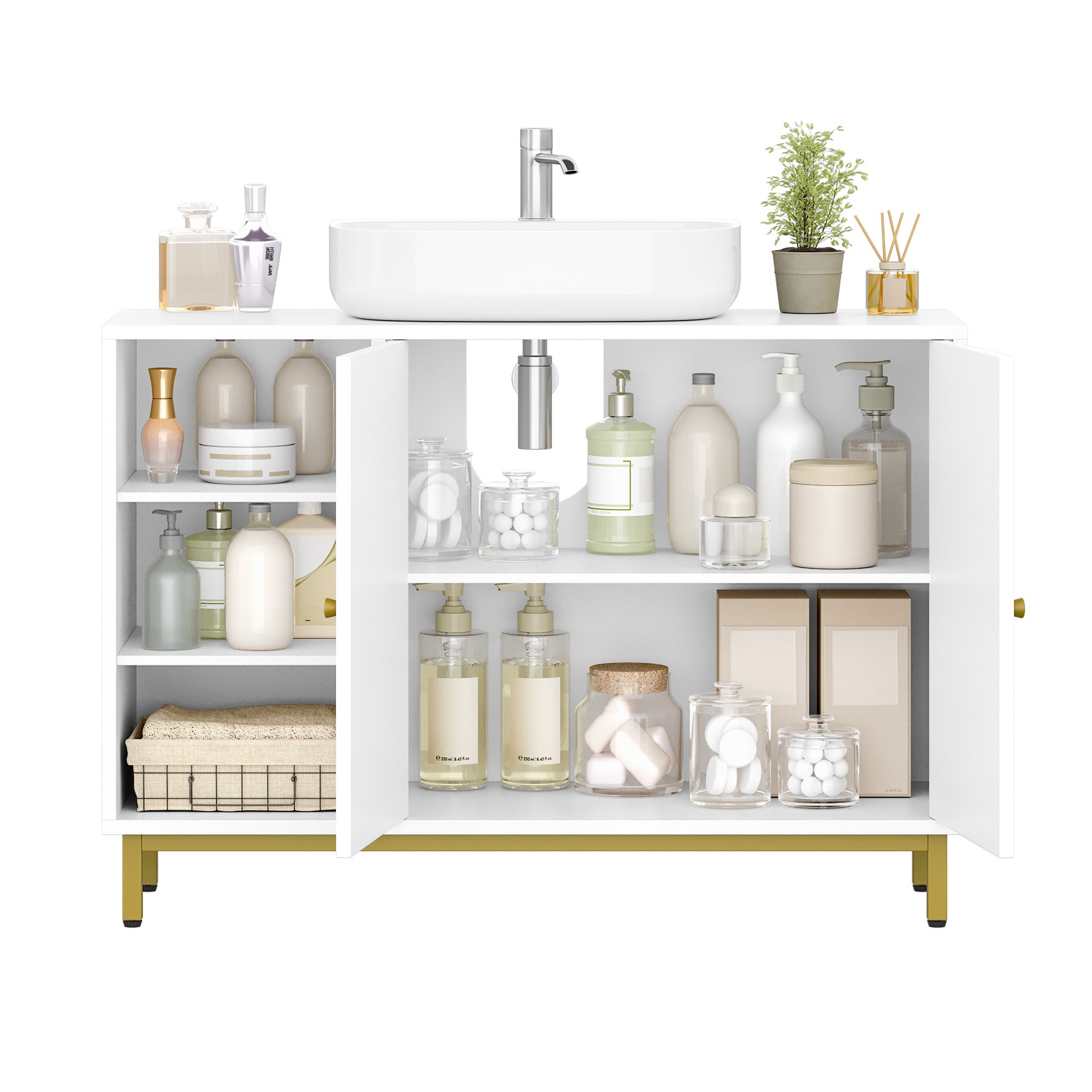 Hzuaneri Vanity Unit, 30 x 90 x 63 cm, Base Cabinet, Vanity Unit, Bathroom Cabinet with 2 Doors, Adjustable Shelf, Ample Storage Space, Modern Style, White-Gold BC09803G