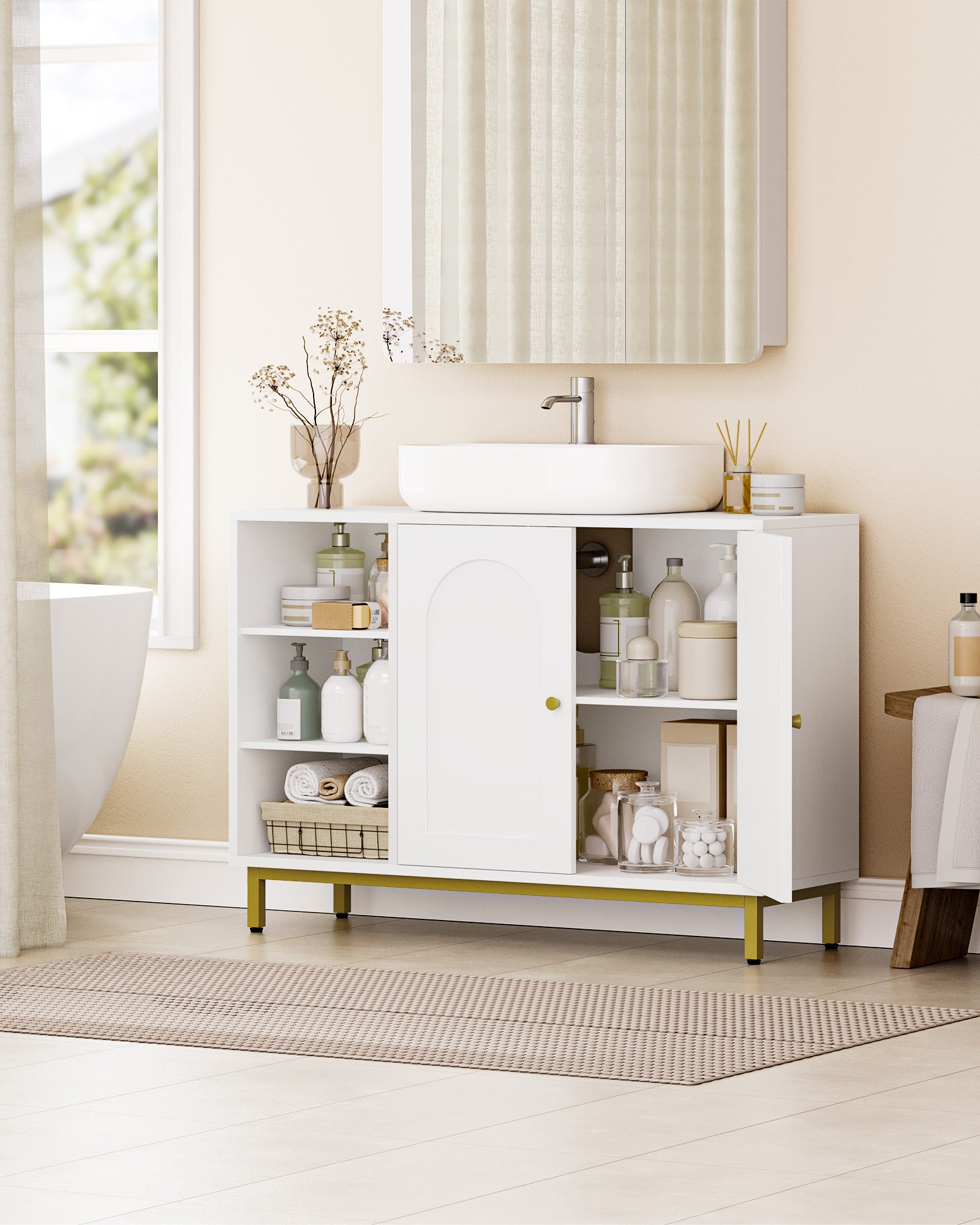 Hzuaneri Vanity Unit, 30 x 90 x 63 cm, Base Cabinet, Vanity Unit, Bathroom Cabinet with 2 Doors, Adjustable Shelf, Ample Storage Space, Modern Style, White-Gold BC09803G