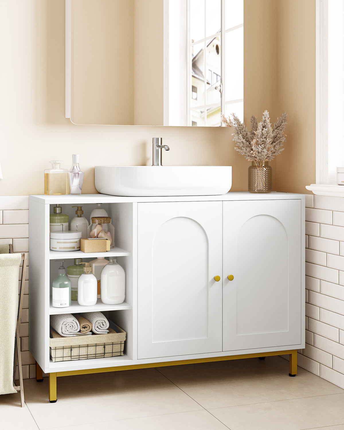 Hzuaneri Vanity Unit, 30 x 90 x 63 cm, Base Cabinet, Vanity Unit, Bathroom Cabinet with 2 Doors, Adjustable Shelf, Ample Storage Space, Modern Style, White-Gold BC09803G