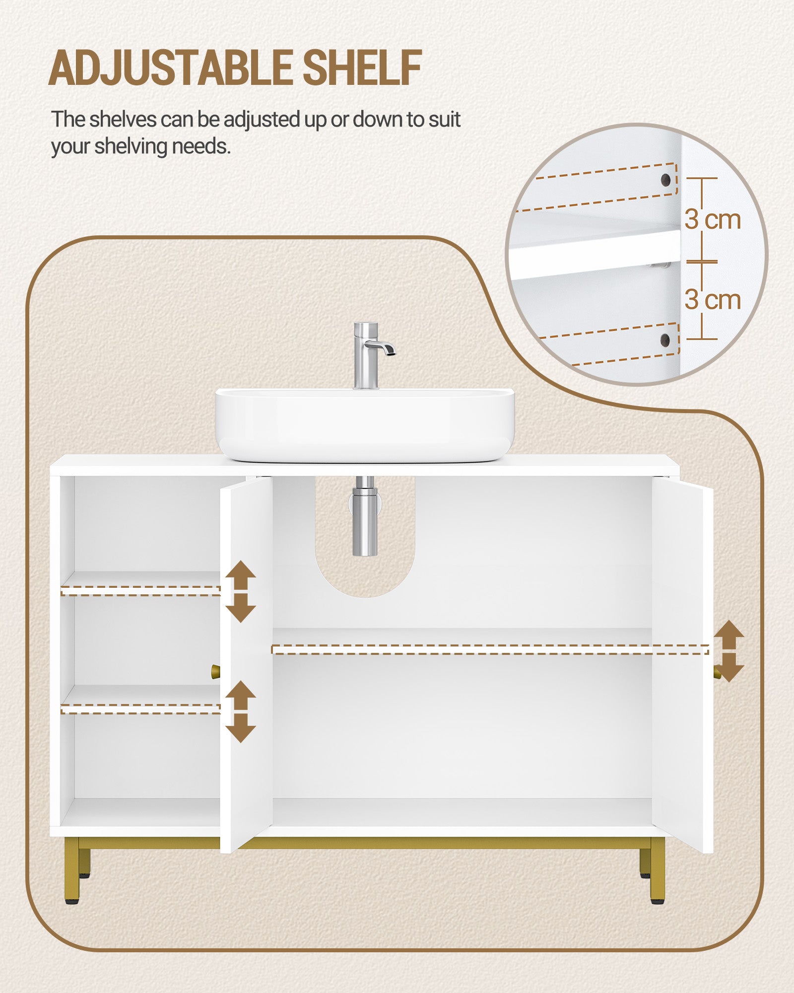 Hzuaneri Vanity Unit, 30 x 90 x 63 cm, Base Cabinet, Vanity Unit, Bathroom Cabinet with 2 Doors, Adjustable Shelf, Ample Storage Space, Modern Style, White-Gold BC09803G