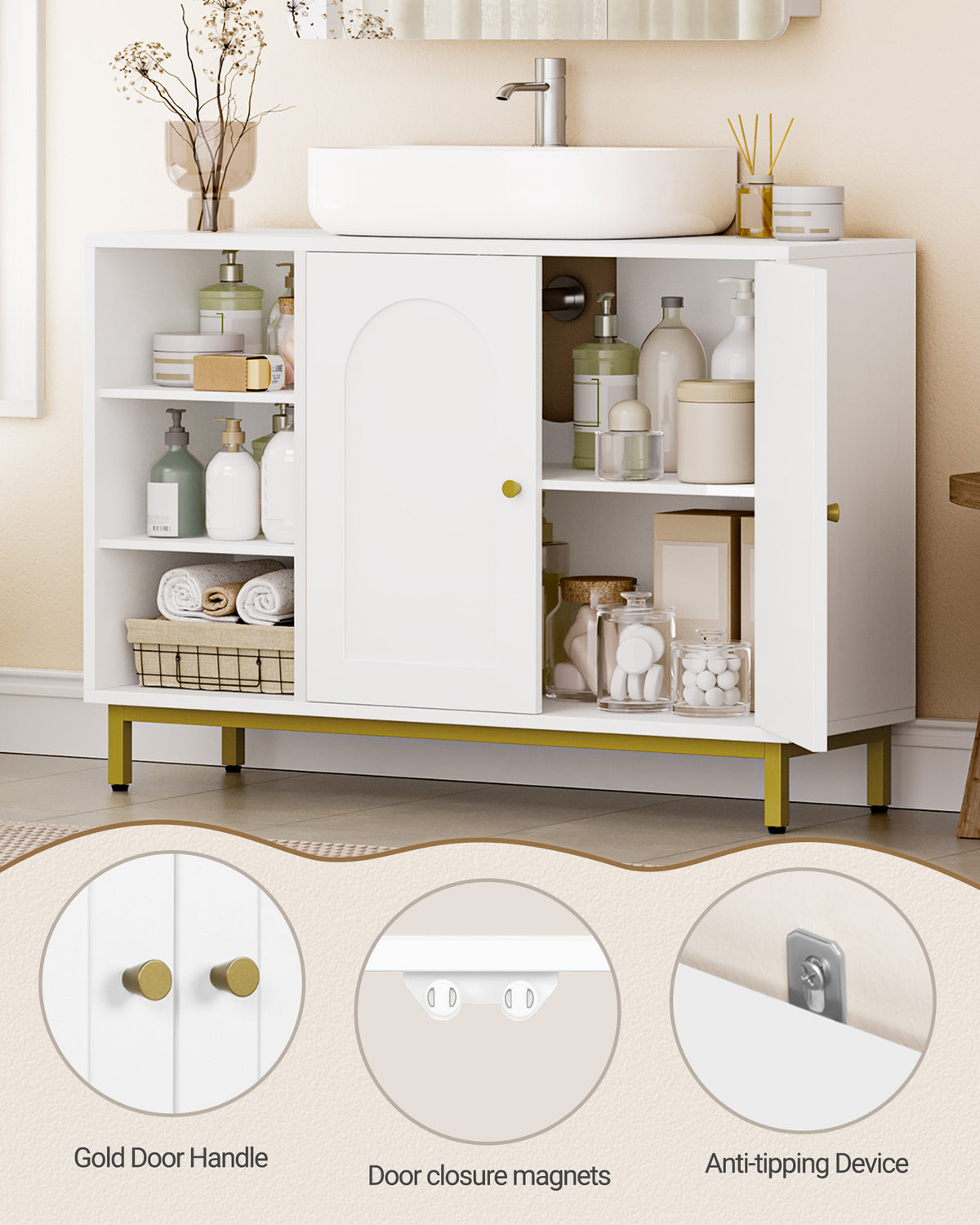 Hzuaneri Vanity Unit, 30 x 90 x 63 cm, Base Cabinet, Vanity Unit, Bathroom Cabinet with 2 Doors, Adjustable Shelf, Ample Storage Space, Modern Style, White-Gold BC09803G