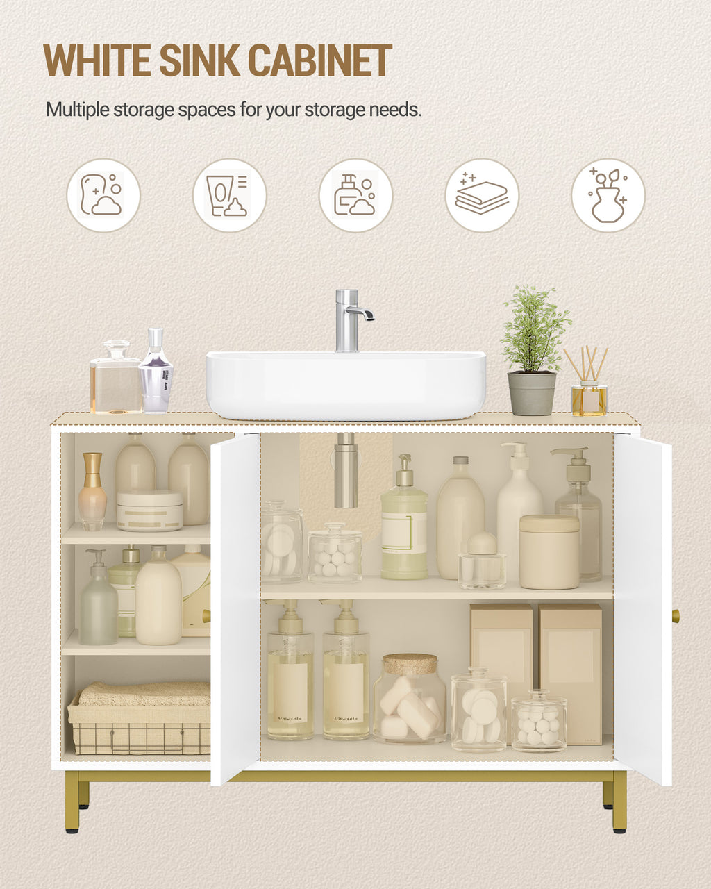 Hzuaneri Vanity Unit, 30 x 90 x 63 cm, Base Cabinet, Vanity Unit, Bathroom Cabinet with 2 Doors, Adjustable Shelf, Ample Storage Space, Modern Style, White-Gold BC09803G