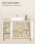 Hzuaneri Vanity Unit, 30 x 90 x 63 cm, Base Cabinet, Vanity Unit, Bathroom Cabinet with 2 Doors, Adjustable Shelf, Ample Storage Space, Modern Style, White-Gold BC09803G