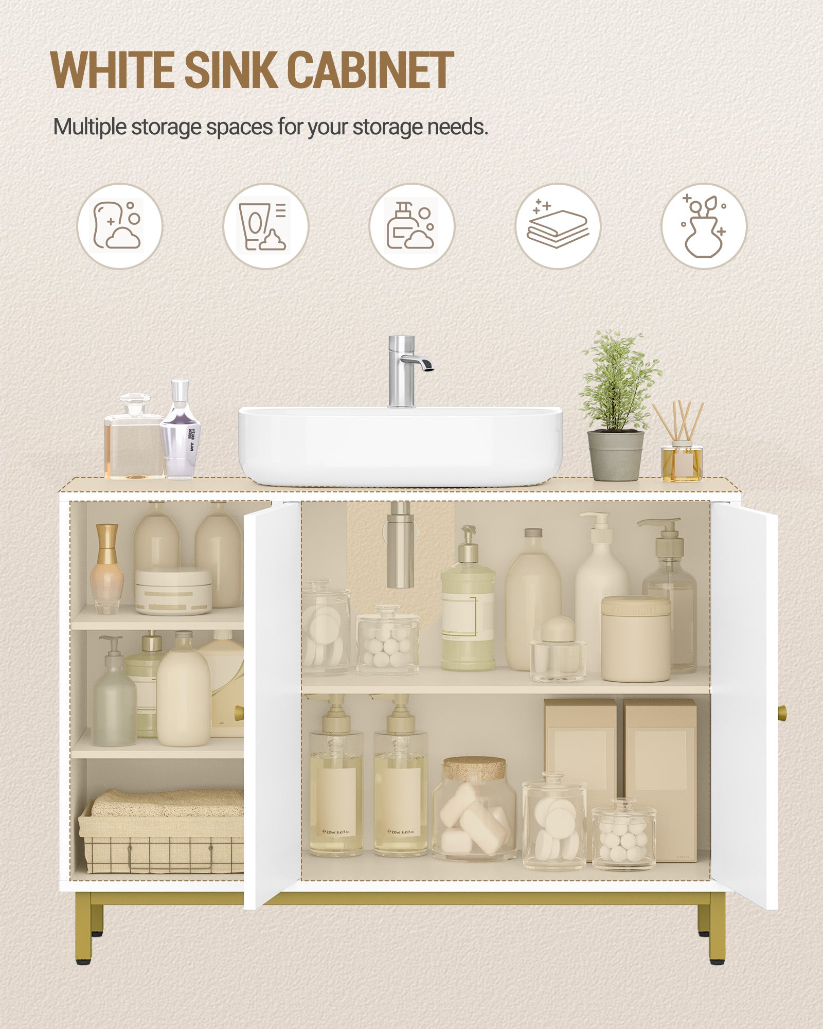 Hzuaneri Vanity Unit, 30 x 90 x 63 cm, Base Cabinet, Vanity Unit, Bathroom Cabinet with 2 Doors, Adjustable Shelf, Ample Storage Space, Modern Style, White-Gold BC09803G