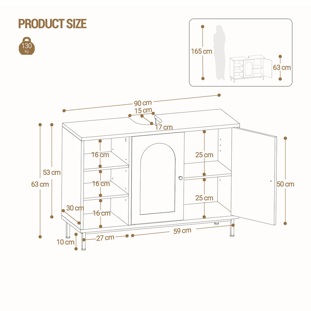 Hzuaneri Vanity Unit, 30 x 90 x 63 cm, Base Cabinet, Vanity Unit, Bathroom Cabinet with 2 Doors, Adjustable Shelf, Ample Storage Space, Modern Style, White-Gold BC09803G