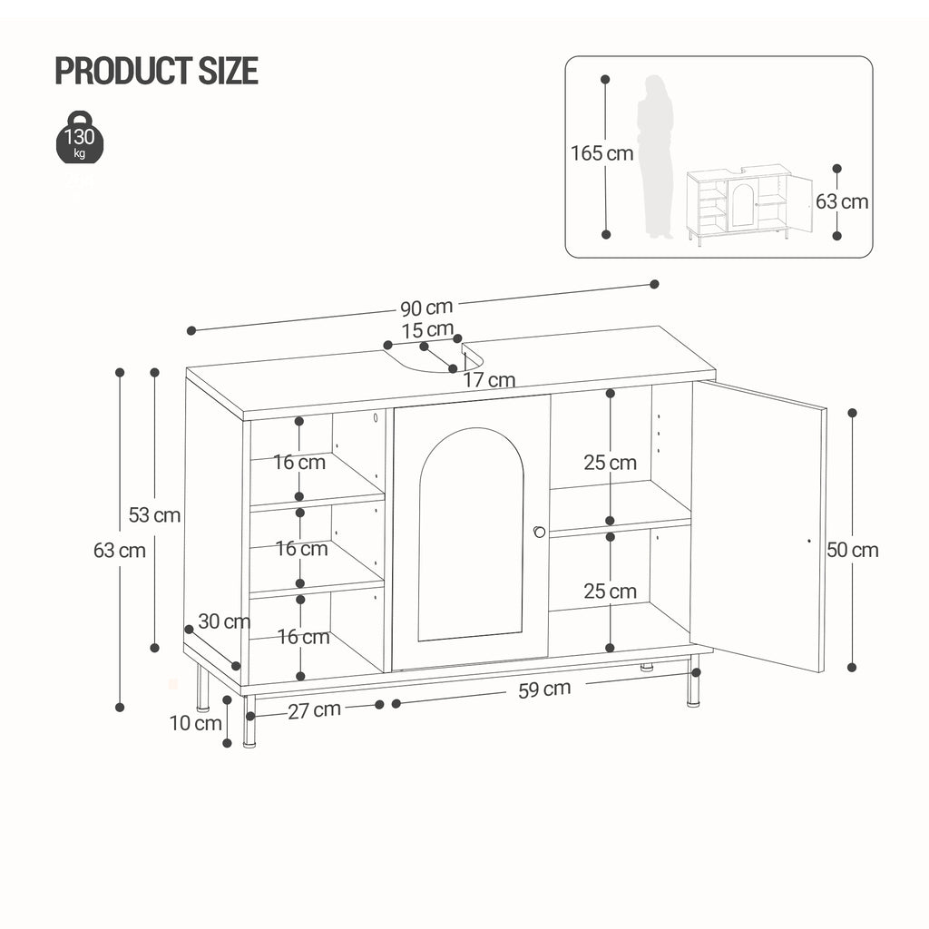 Hzuaneri Vanity Unit, Base Cabinet, Washbasin Cabinet, Bathroom Cabinet with 2 Doors, Adjustable Shelf, Ample Storage Space, Modern Style, 30 x 90 x 63 cm, Black BC09804G