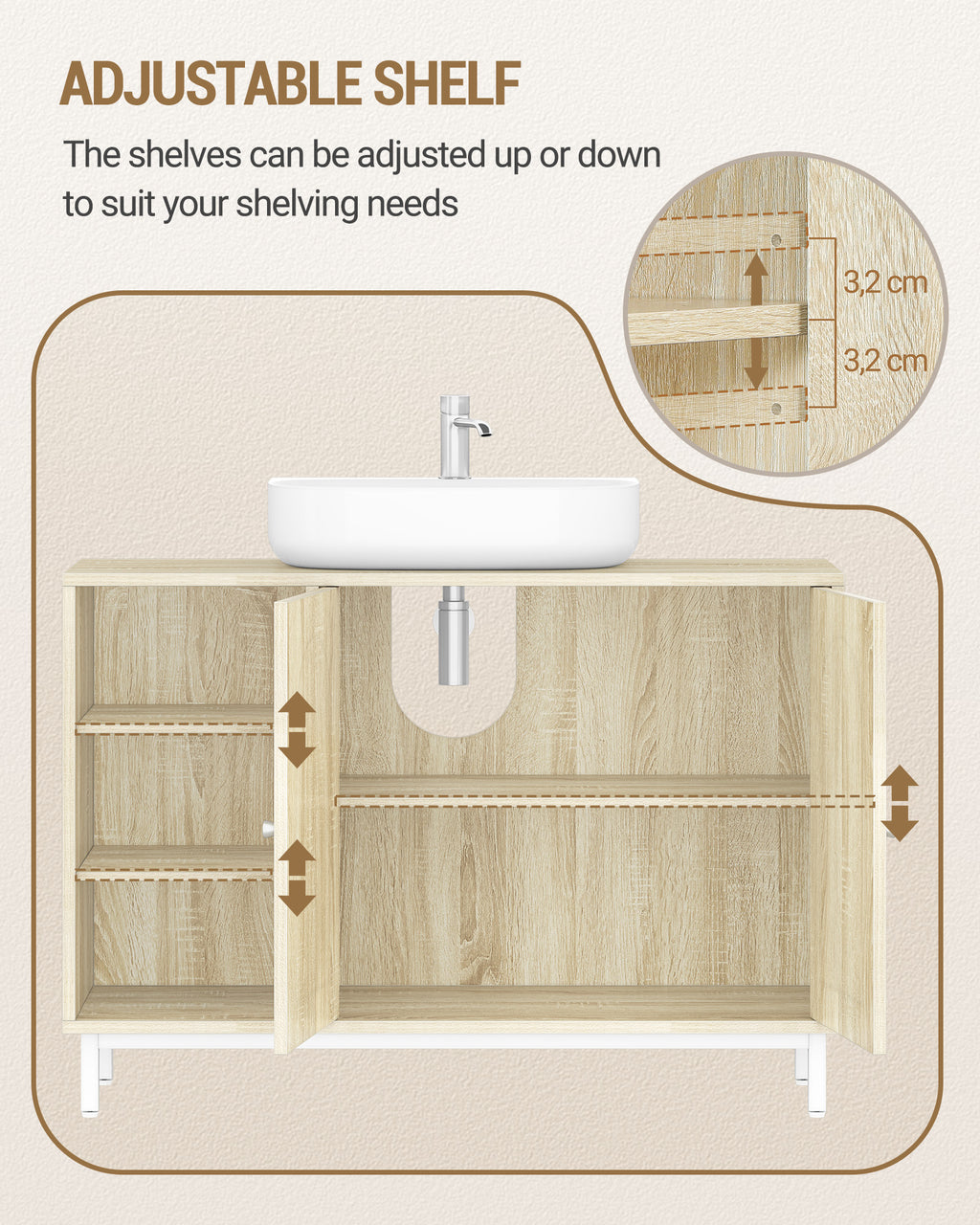 Hzuaneri vanity unit, base cabinet, washbasin cabinet, bathroom cabinet with 2 doors, adjustable shelf, ample storage space, modern style, 30 x 90 x 63 cm, light oak BC09816W