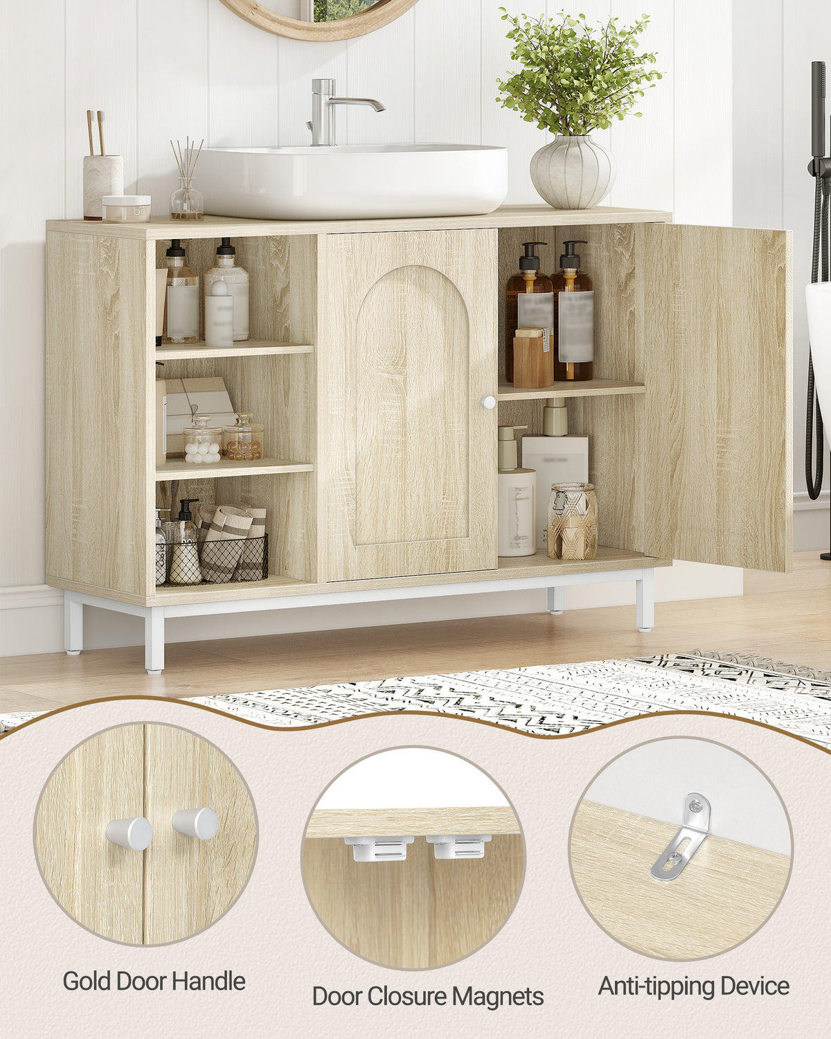 Hzuaneri vanity unit, base cabinet, washbasin cabinet, bathroom cabinet with 2 doors, adjustable shelf, ample storage space, modern style, 30 x 90 x 63 cm, light oak BC09816W