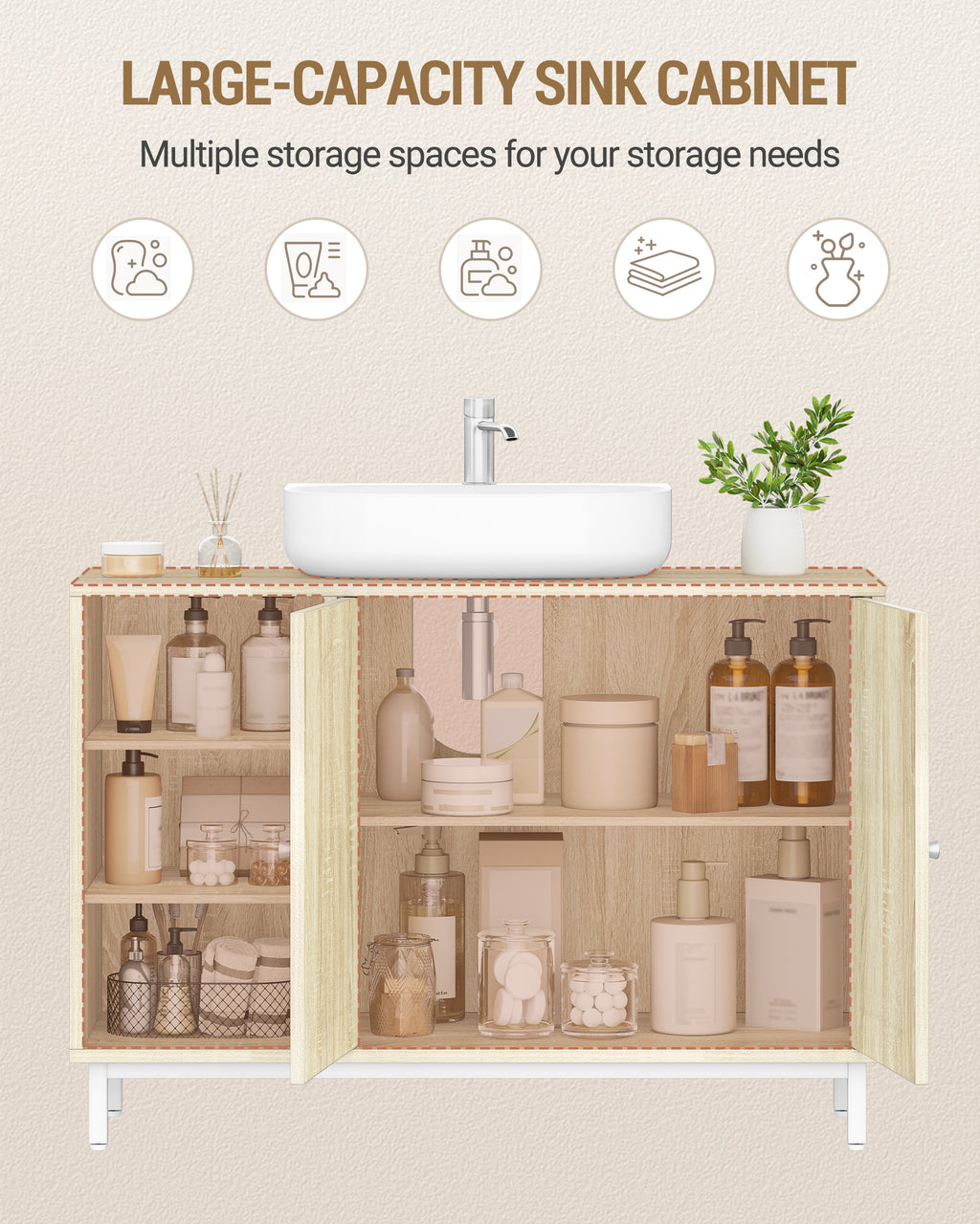 Hzuaneri vanity unit, base cabinet, washbasin cabinet, bathroom cabinet with 2 doors, adjustable shelf, ample storage space, modern style, 30 x 90 x 63 cm, light oak BC09816W