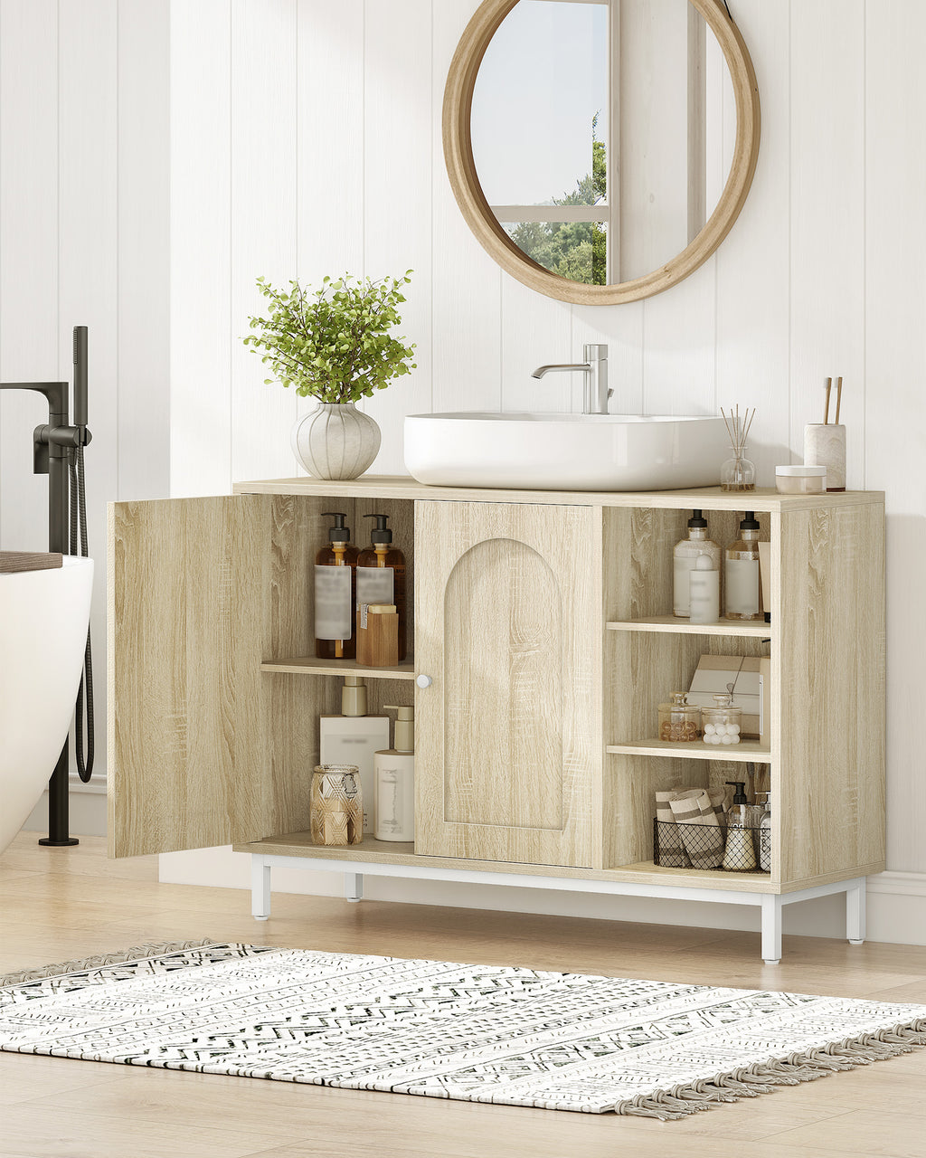 Hzuaneri vanity unit, base cabinet, washbasin cabinet, bathroom cabinet with 2 doors, adjustable shelf, ample storage space, modern style, 30 x 90 x 63 cm, light oak BC09816W