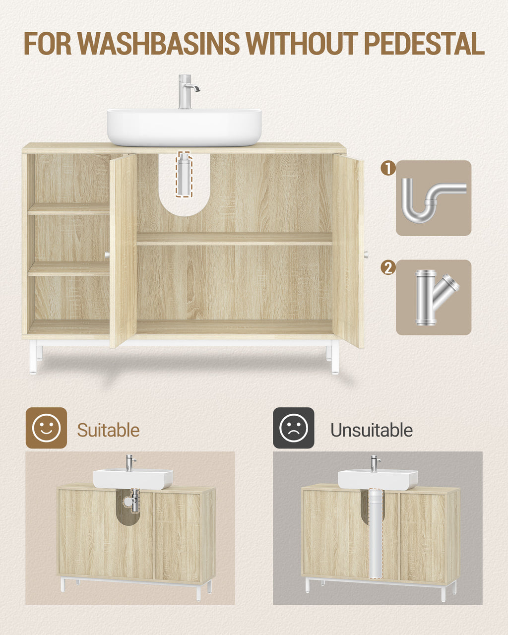 Hzuaneri vanity unit, base cabinet, washbasin cabinet, bathroom cabinet with 2 doors, adjustable shelf, ample storage space, modern style, 30 x 90 x 63 cm, light oak BC09816W