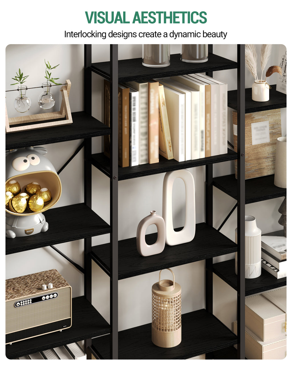 Hzuaneri Bookshelves, Freestanding Shelving Unit, Shelf with 17 Shelves, 6 Tiers, Adjustable Spacing, 24 x 152 x 186 cm, Load Capacity 340 kg, Living Room, Office, Black with Wood Grain BC10104B