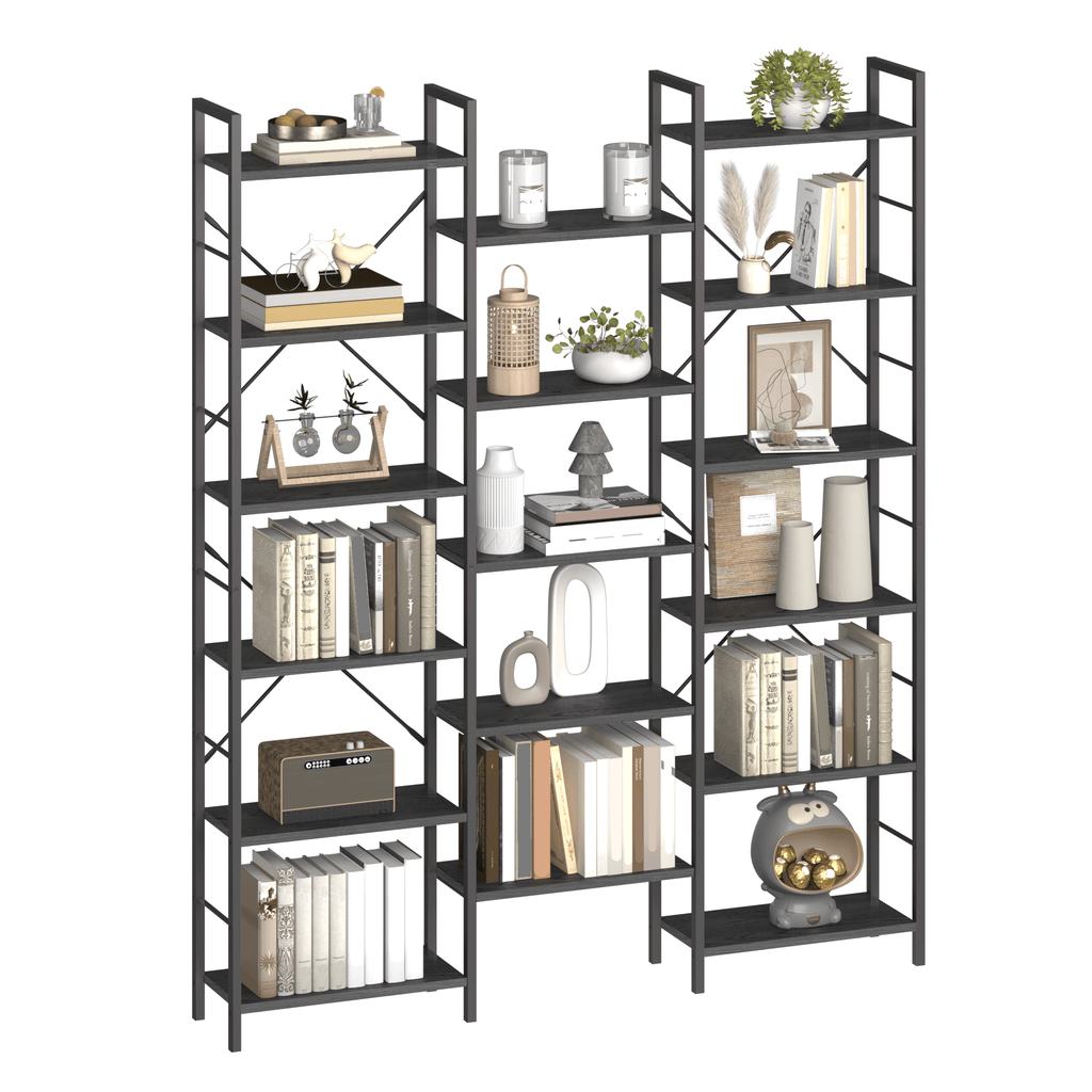 Hzuaneri Bookshelves, Freestanding Shelving Unit, Shelf with 17 Shelves, 6 Tiers, Adjustable Spacing, 24 x 152 x 186 cm, Load Capacity 340 kg, Living Room, Office, Black with Wood Grain BC10104B