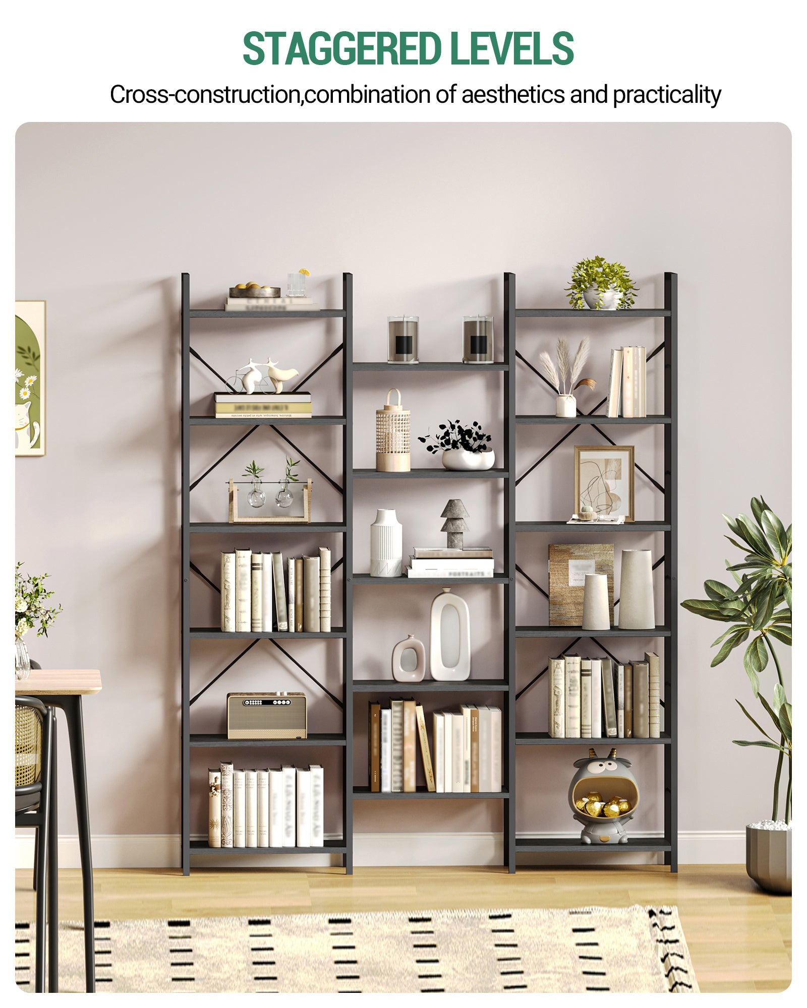 Hzuaneri Bookshelves, Freestanding Shelving Unit, Shelf with 17 Shelves, 6 Tiers, Adjustable Spacing, 24 x 152 x 186 cm, Load Capacity 340 kg, Living Room, Office, Black with Wood Grain BC10104B