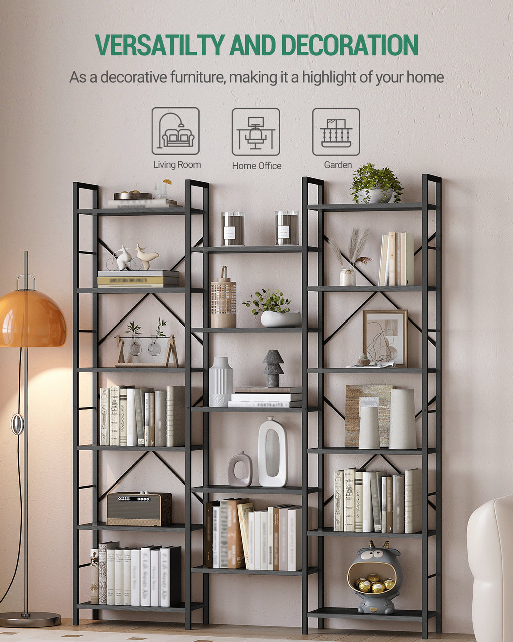 Hzuaneri Bookshelves, Freestanding Shelving Unit, Shelf with 17 Shelves, 6 Tiers, Adjustable Spacing, 24 x 152 x 186 cm, Load Capacity 340 kg, Living Room, Office, Black with Wood Grain BC10104B