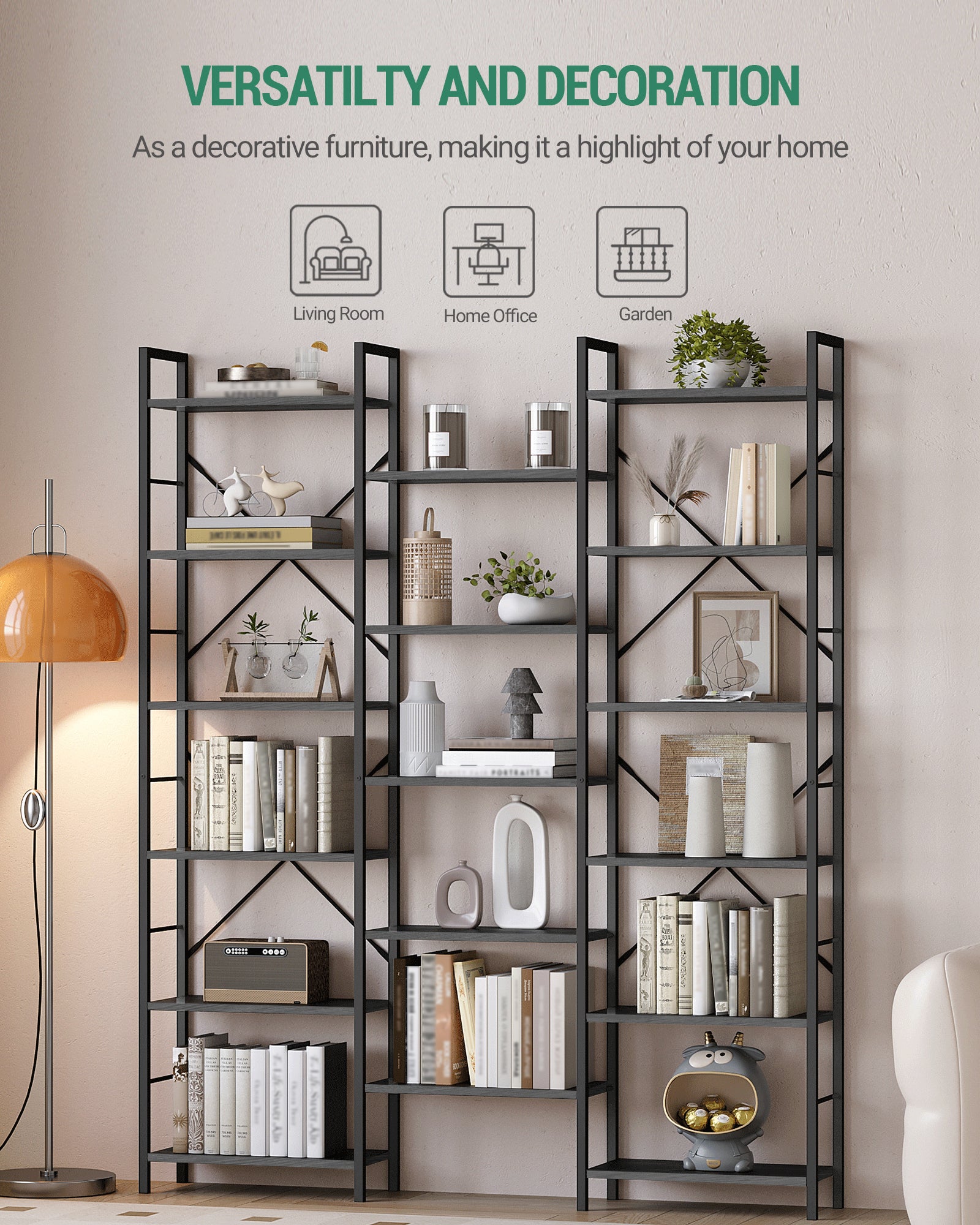 Hzuaneri Bookshelves, Freestanding Shelving Unit, Shelf with 17 Shelves, 6 Tiers, Adjustable Spacing, 24 x 152 x 186 cm, Load Capacity 340 kg, Living Room, Office, Black with Wood Grain BC10104B